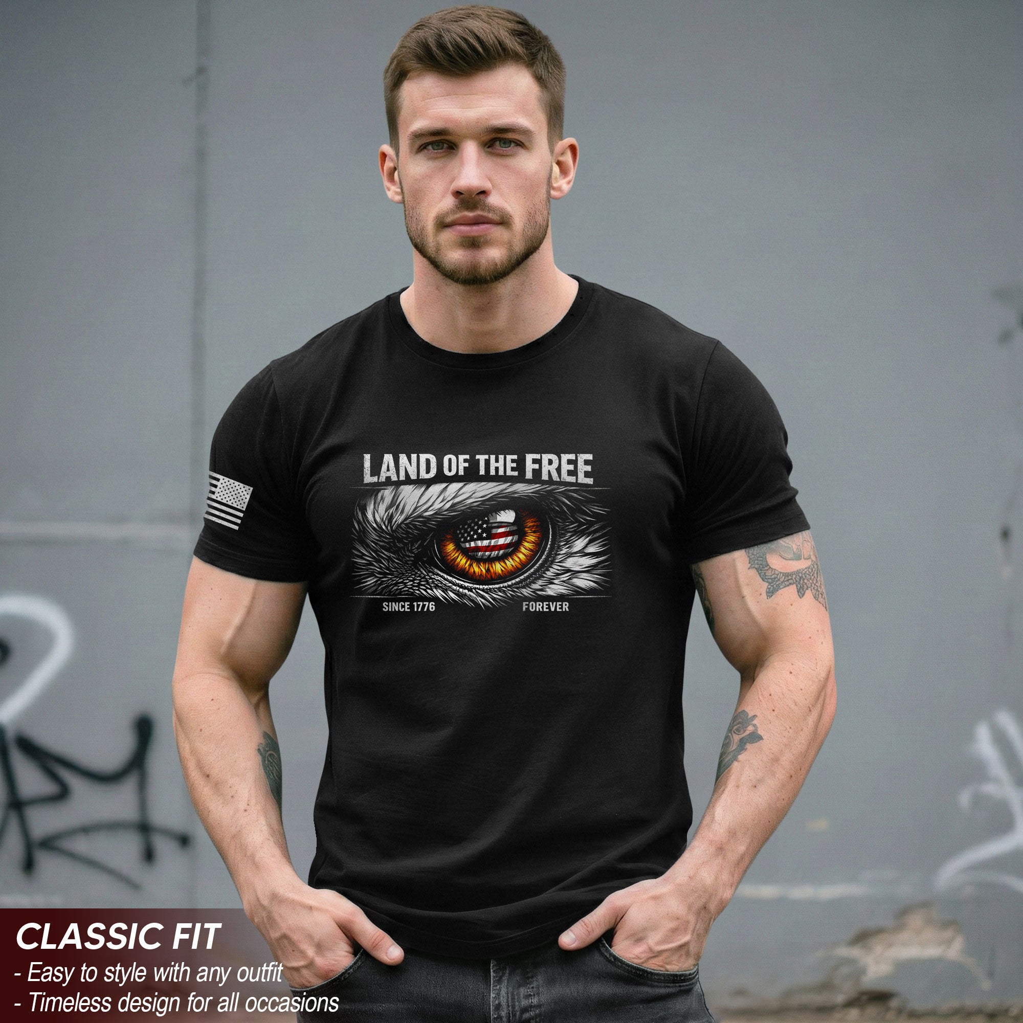 250 Years of Freedom 1776-2026 Patriotic T-Shirt – Eagle Eye & American Flag USA Mens Shirt