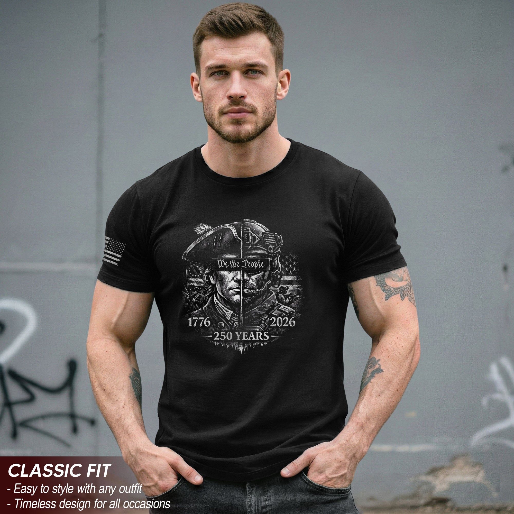 USA 250th Anniversary 1776-2026 T-Shirt – Revolutionary & Modern Soldier We The People Men's Shirt