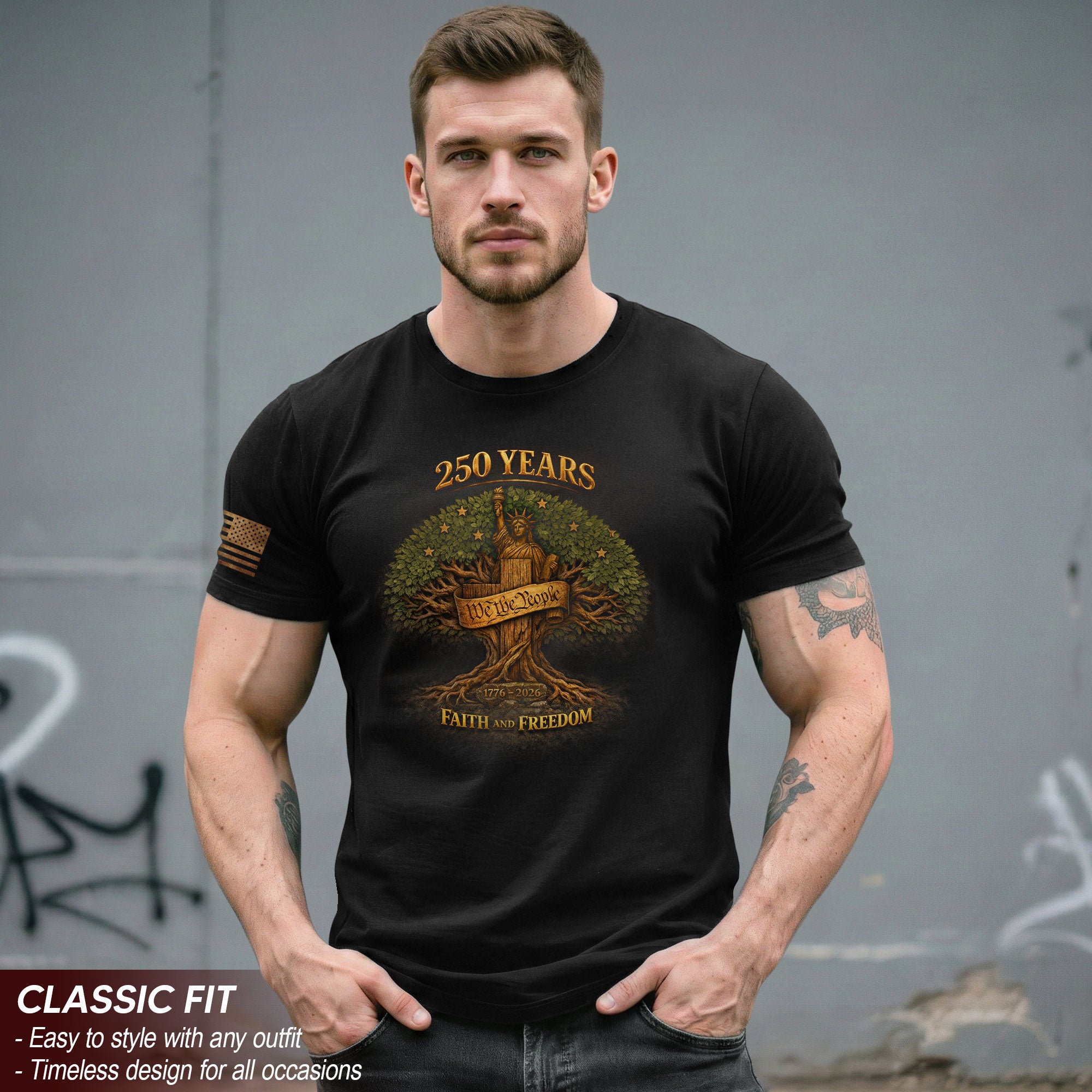 America 250th Anniversary 1776-2026 Semiquincentennial Shirt – Faith And Freedom Statue of Liberty & Cross Tree of Liberty Christian Patriotic Tee