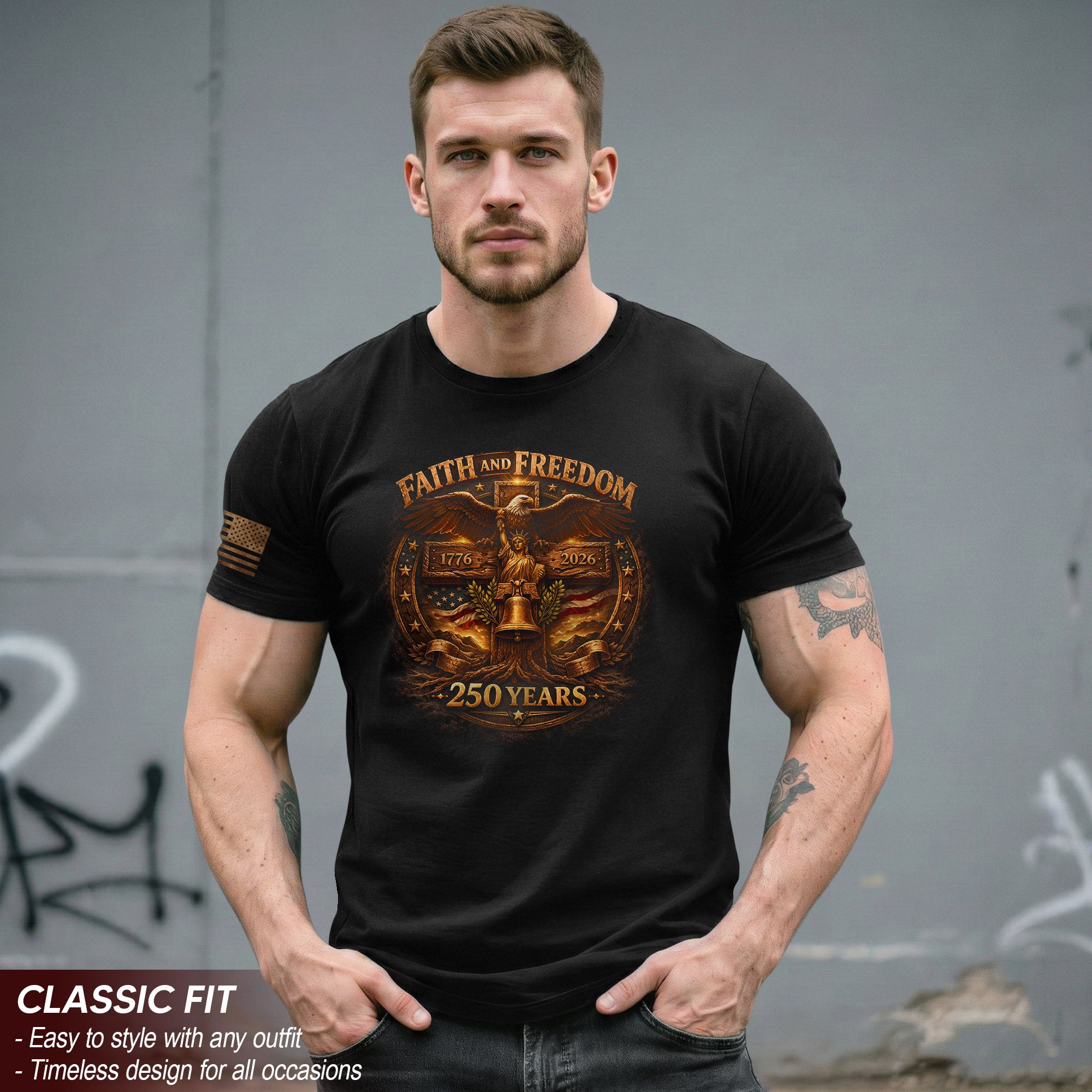 America 250th Anniversary 1776-2026 Semiquincentennial Shirt – Faith And Freedom Eagle & Cross Liberty Bell Patriotic Christian Tee