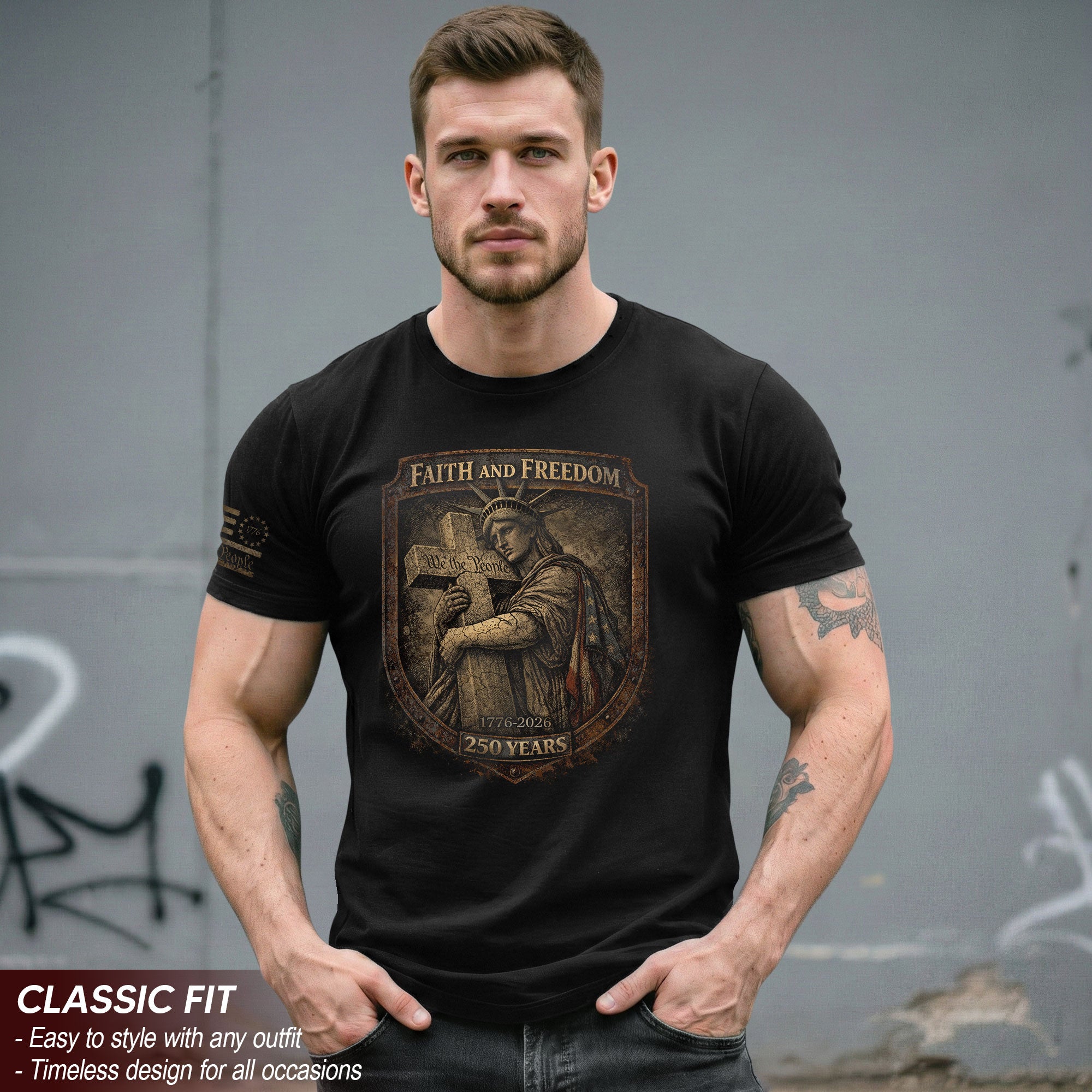 USA 250th Anniversary 1776-2026 Semiquincentennial Shirt – Faith And Freedom Statue of Liberty & Holy Cross We The People Christian Patriotic Tee
