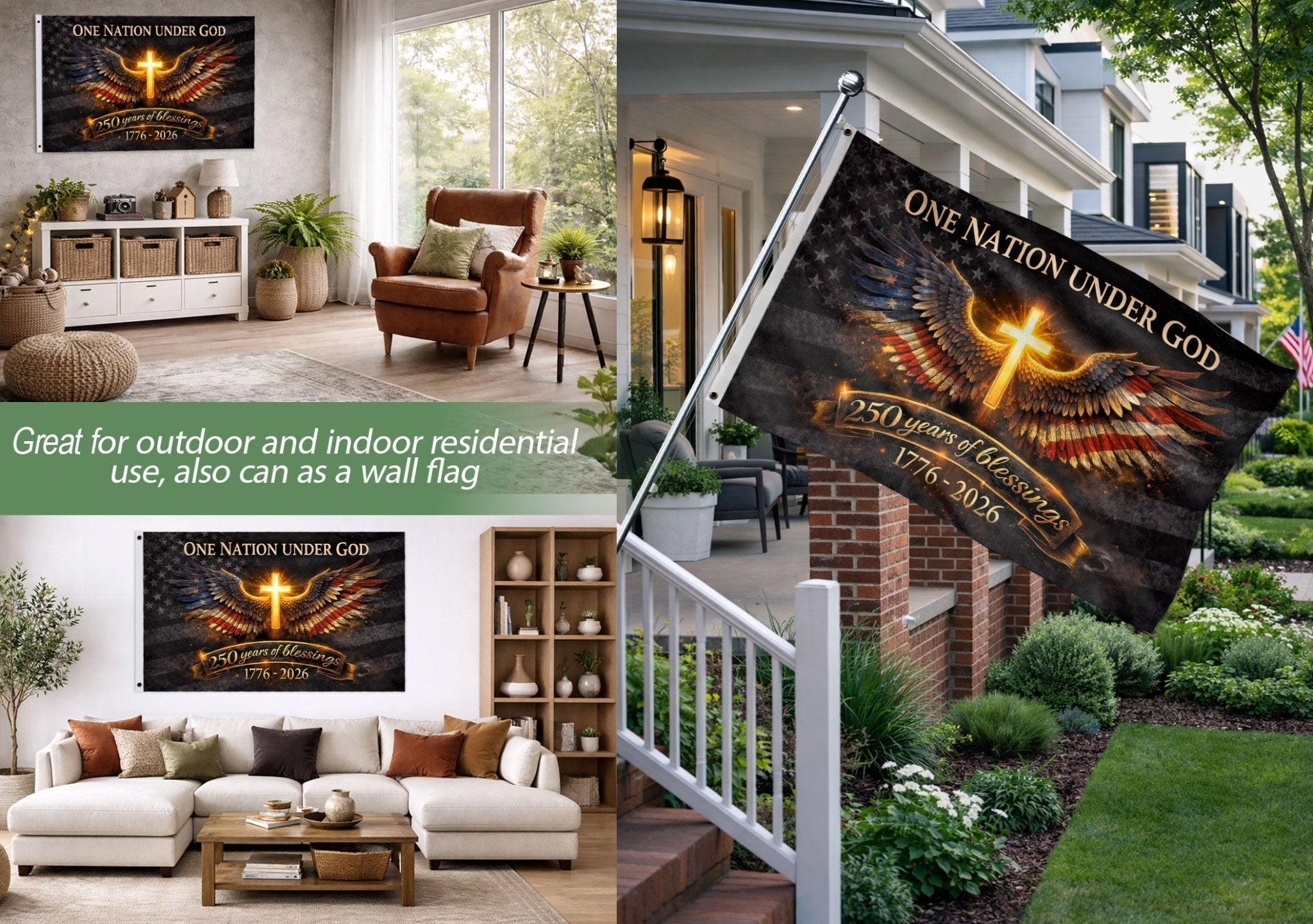 USA 250th Anniversary Cross Flag 1776–2026 – Glowing Cross & Angel Wings Double Sided Christian Banner - Rust Field Wear