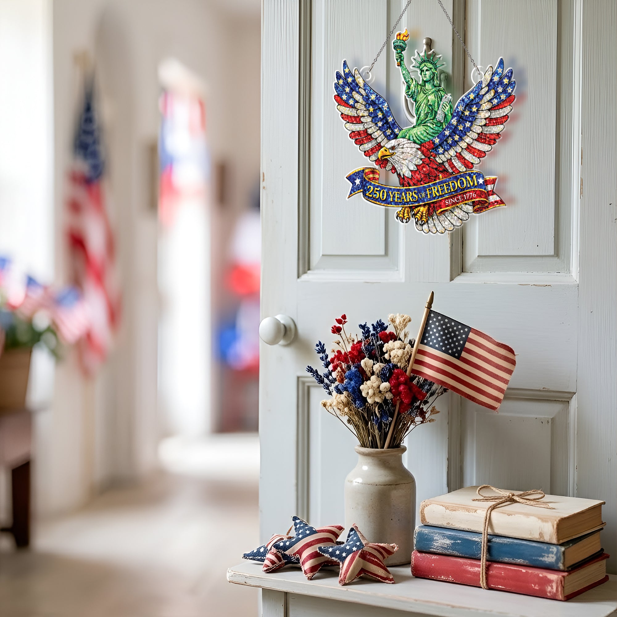 America 250th Anniversary Glitter Eagle Statue of Liberty Patriotic Acrylic Suncatcher Ornament