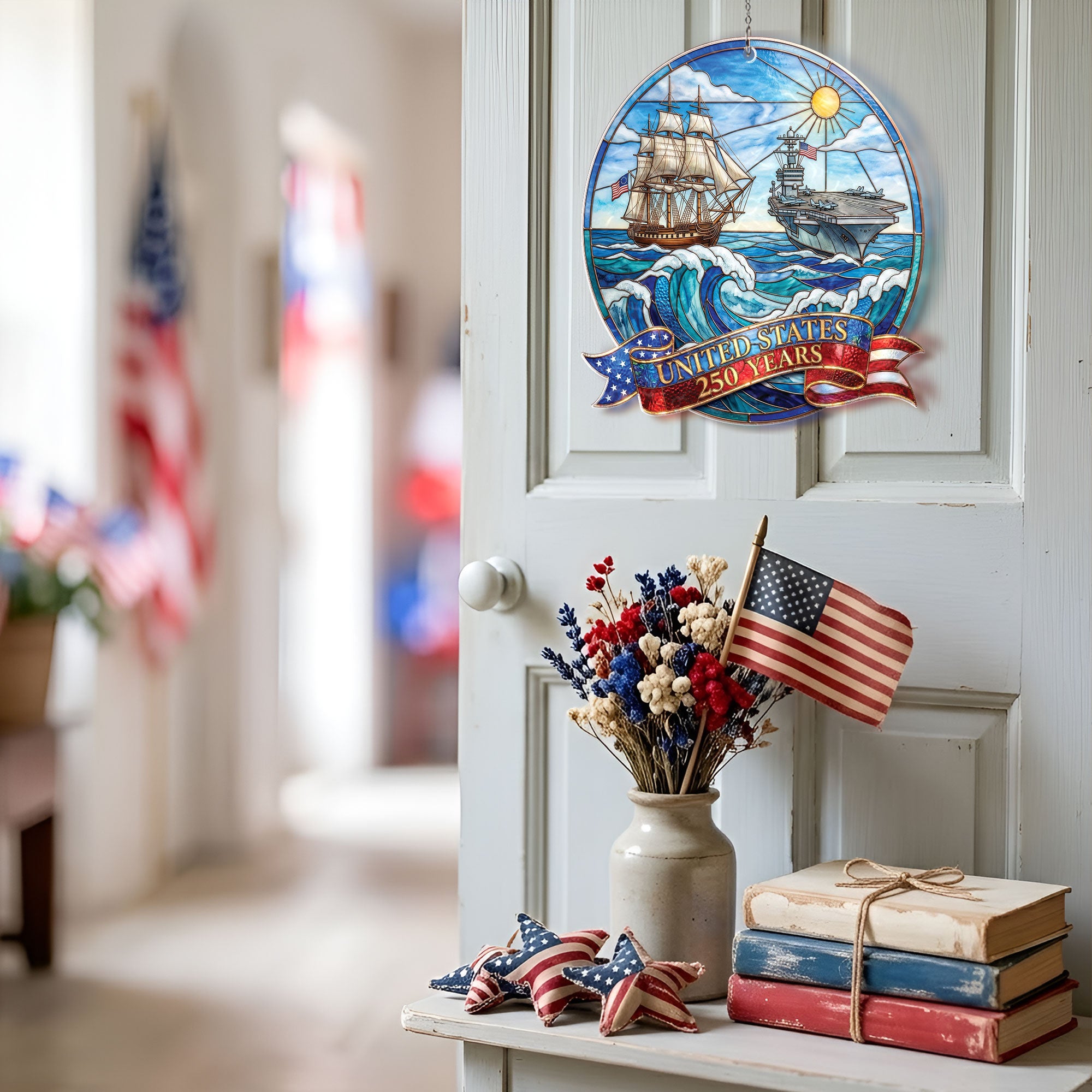 United States 250 Years Naval History Ship and Aircraft Carrier Acrylic Suncatcher Ornament