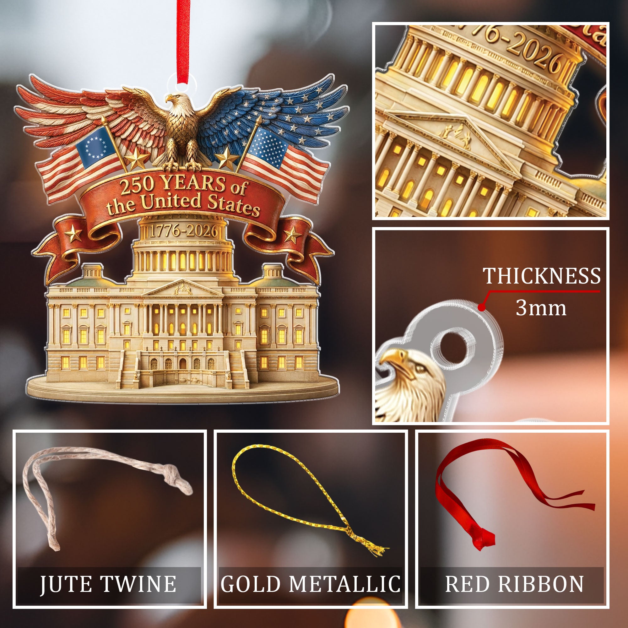 United States 250 Years 1776-2026 Patriotic Eagle Keepsake Acrylic Ornament Gift