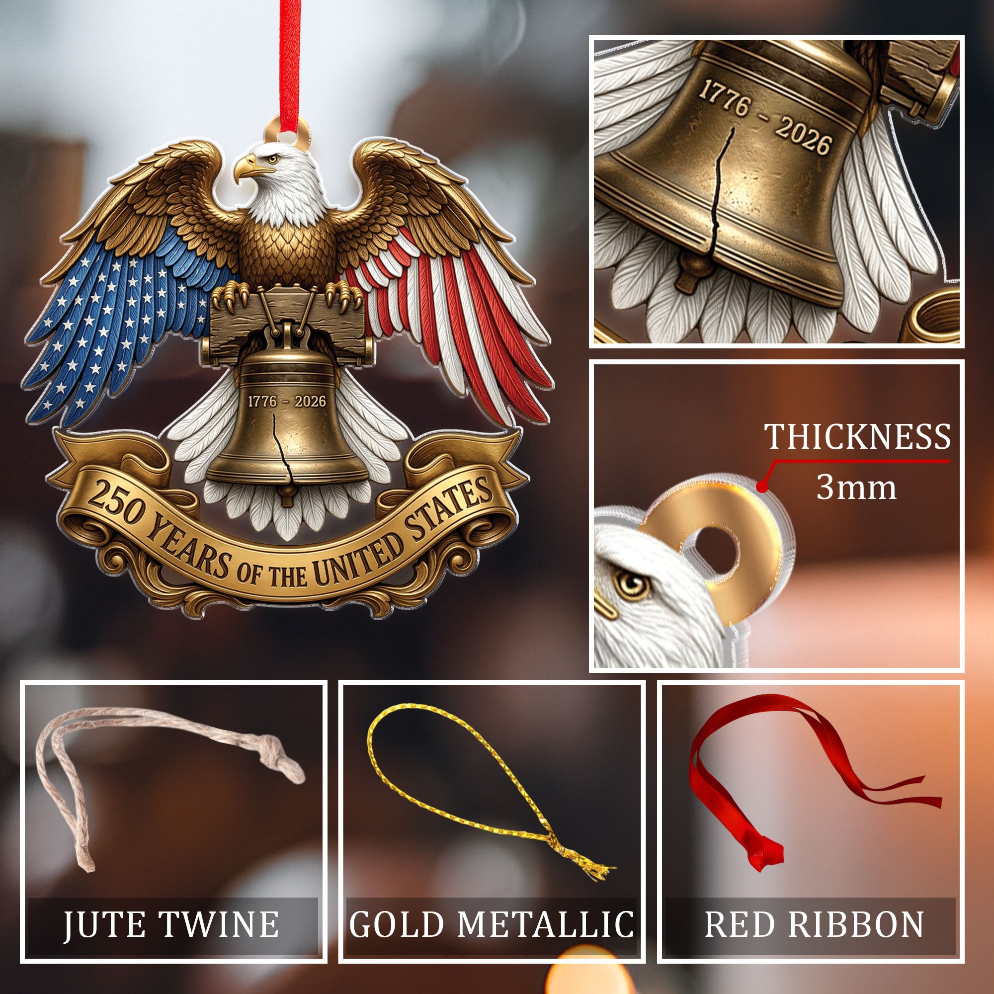 250 Years United States 1776-2026 Golden Ribbon Liberty Bell Eagle Acrylic Ornament