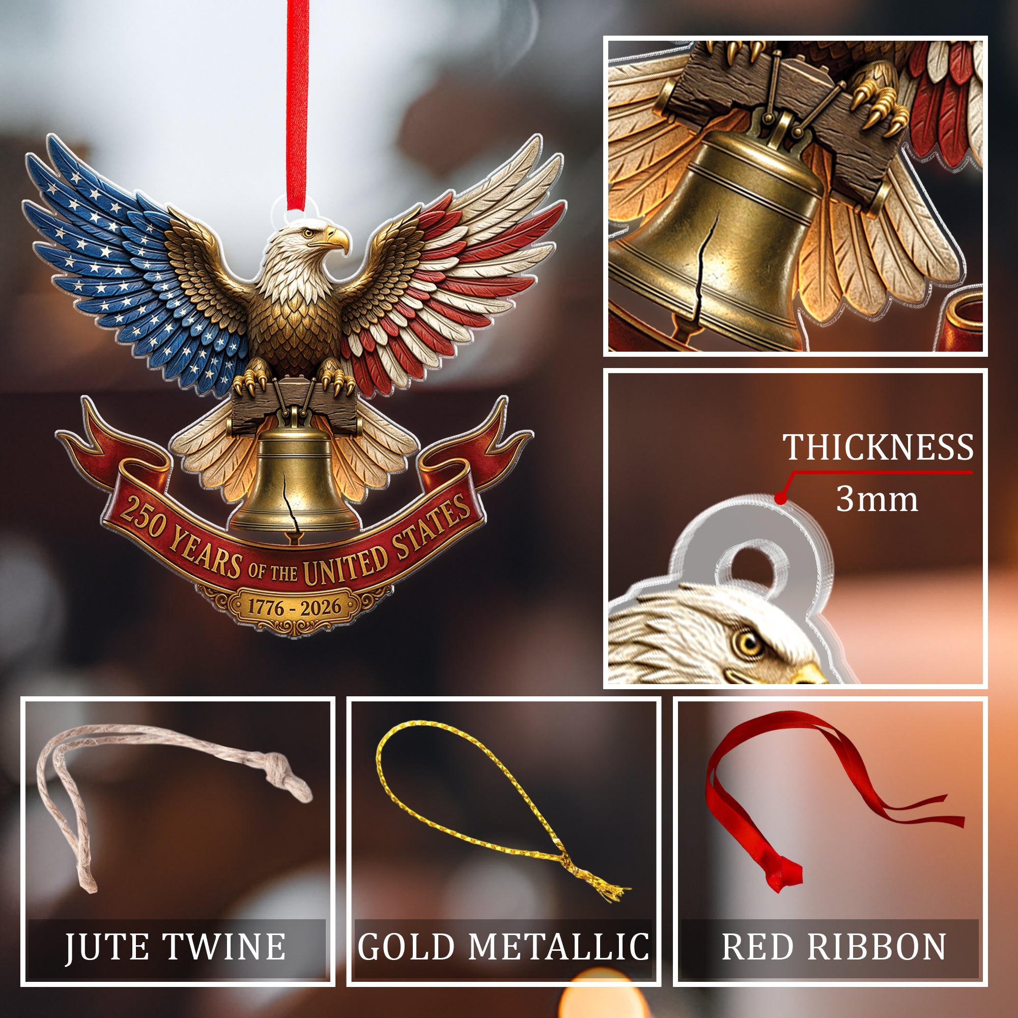 United States 250 Years 1776-2026 Patriotic Red Ribbon Liberty Bell Acrylic Ornament