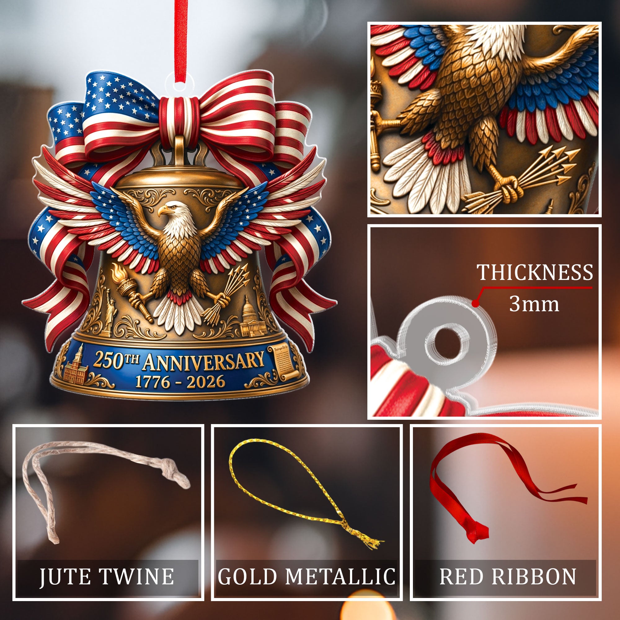 United States 250th Anniversary 1776-2026 Red White Blue Bow Acrylic Ornament Keepsake