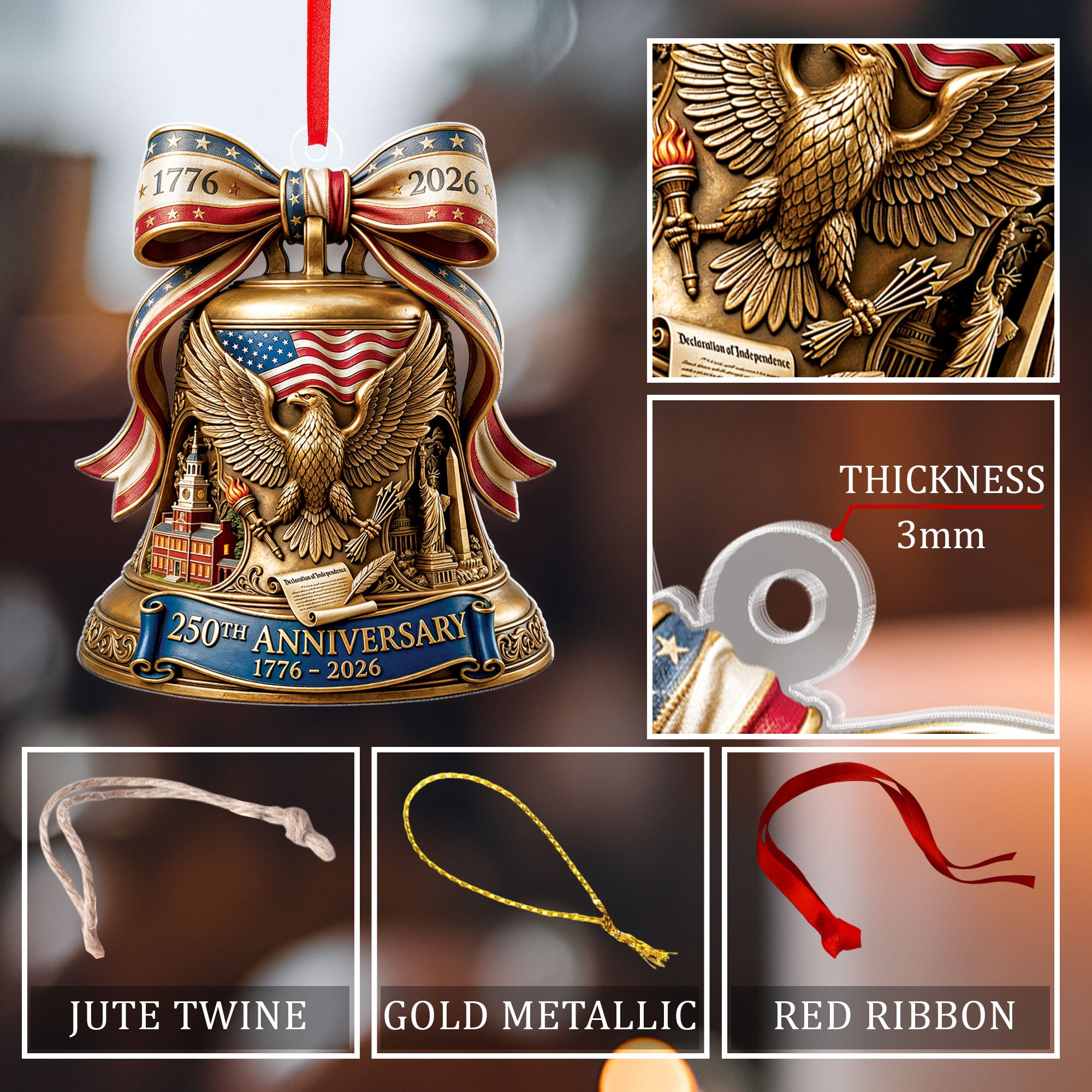 250th Anniversary 1776-2026 Liberty Bell Eagle Stars Bow Flat Acrylic Ornament Gift