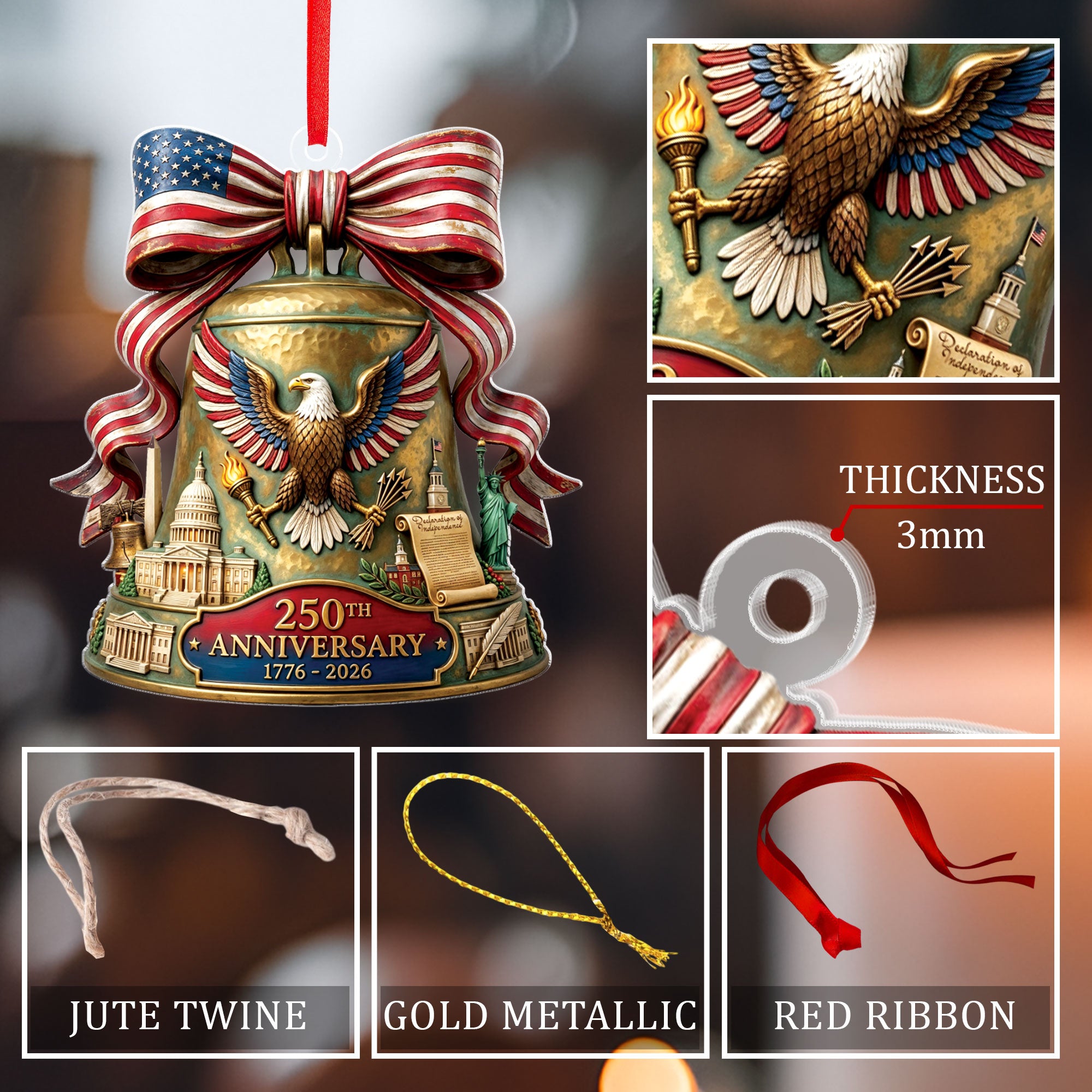 2026 U.S. 250th Anniversary Acrylic Ornament – American Eagle, Capitol & Liberty Bell Design