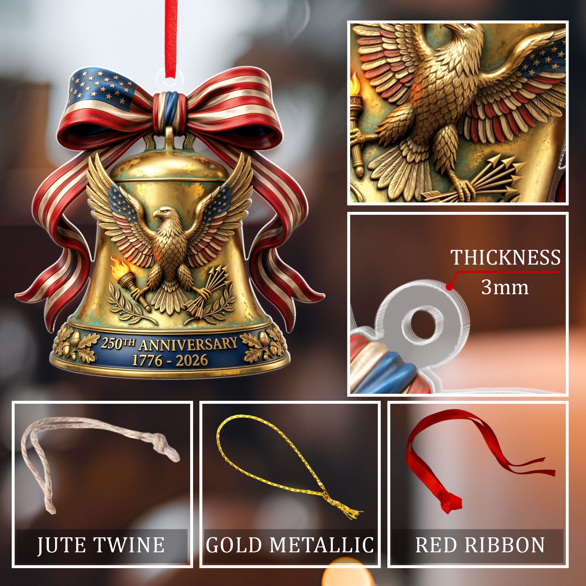 250th Anniversary U.S. Acrylic Ornament – American Eagle & Patriotic Bell