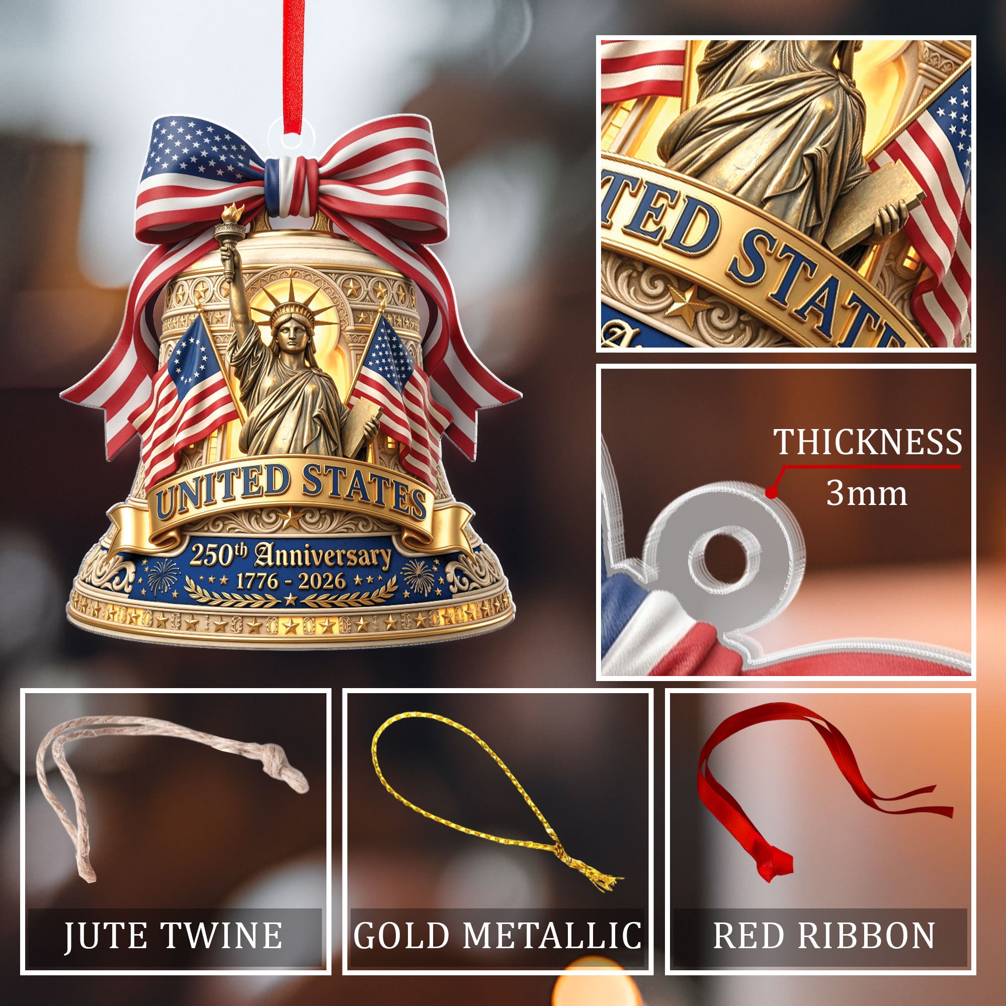 Commemorative U.S. 250th Anniversary Acrylic Ornament – Statue of Liberty & Flags, 2026 Edition