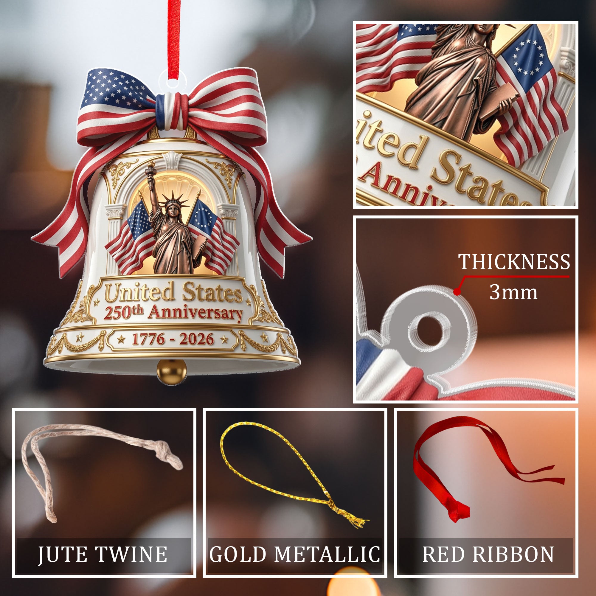 250th Anniversary U.S. Acrylic Ornament – Statue of Liberty with Flags, 2026 Commemorative Decoration