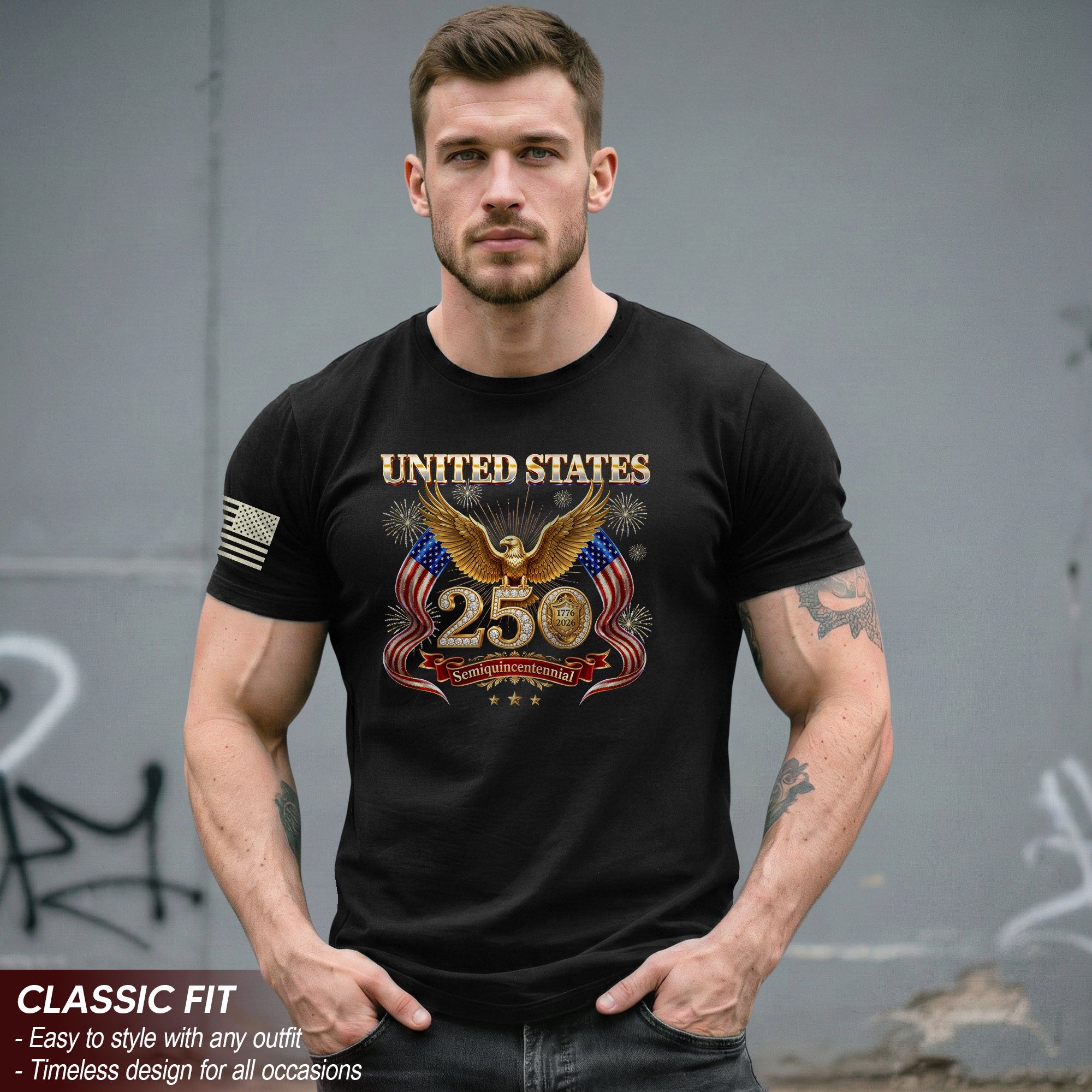 United States 250 Years 1776-2026 T-Shirt - Golden Eagle Patriotic Fireworks Luxury Tee