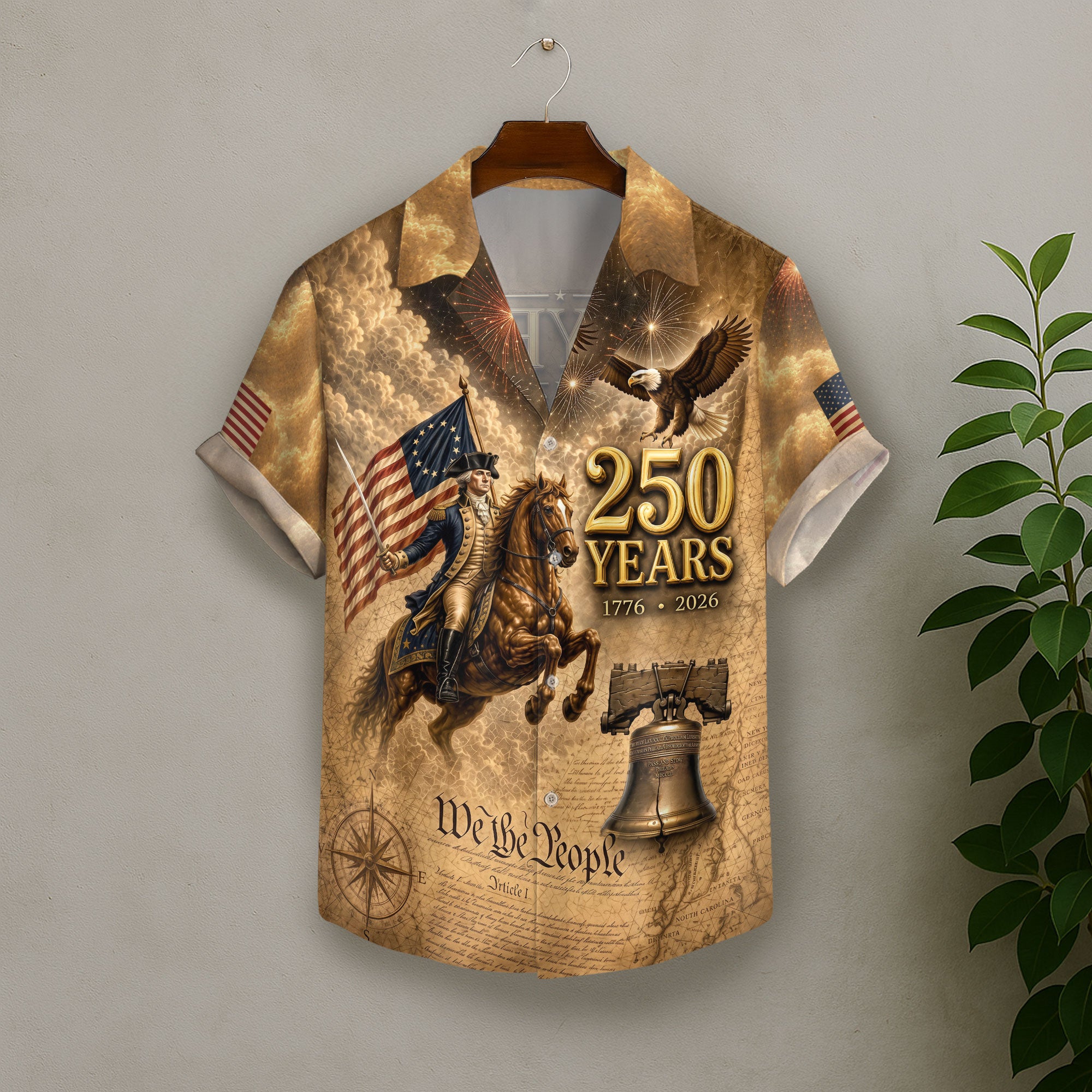 Hawaiian Shirt Patriotic 1776-2026 George Washington US Flag Liberty Bell