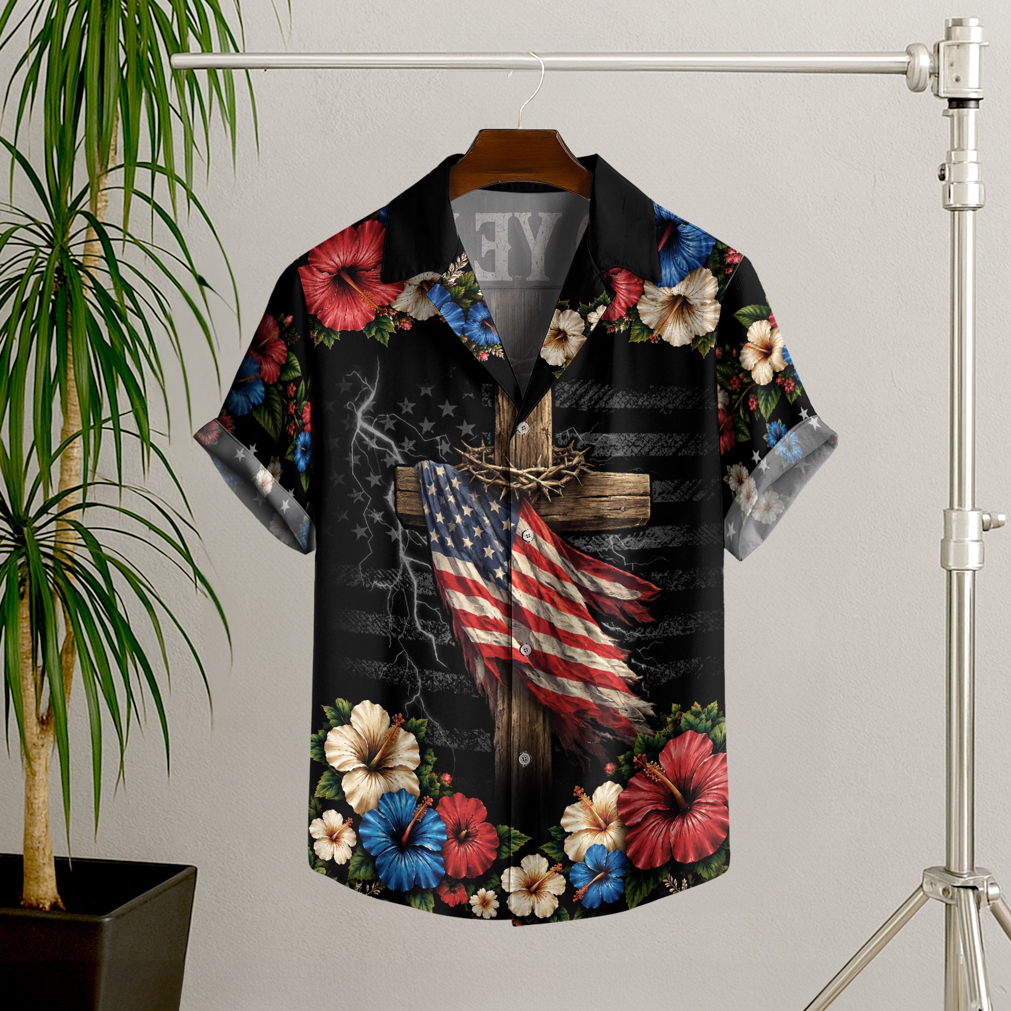 Hawaiian Shirt Christian Under God Cross US Flag 1776 2026 Patriotic Floral