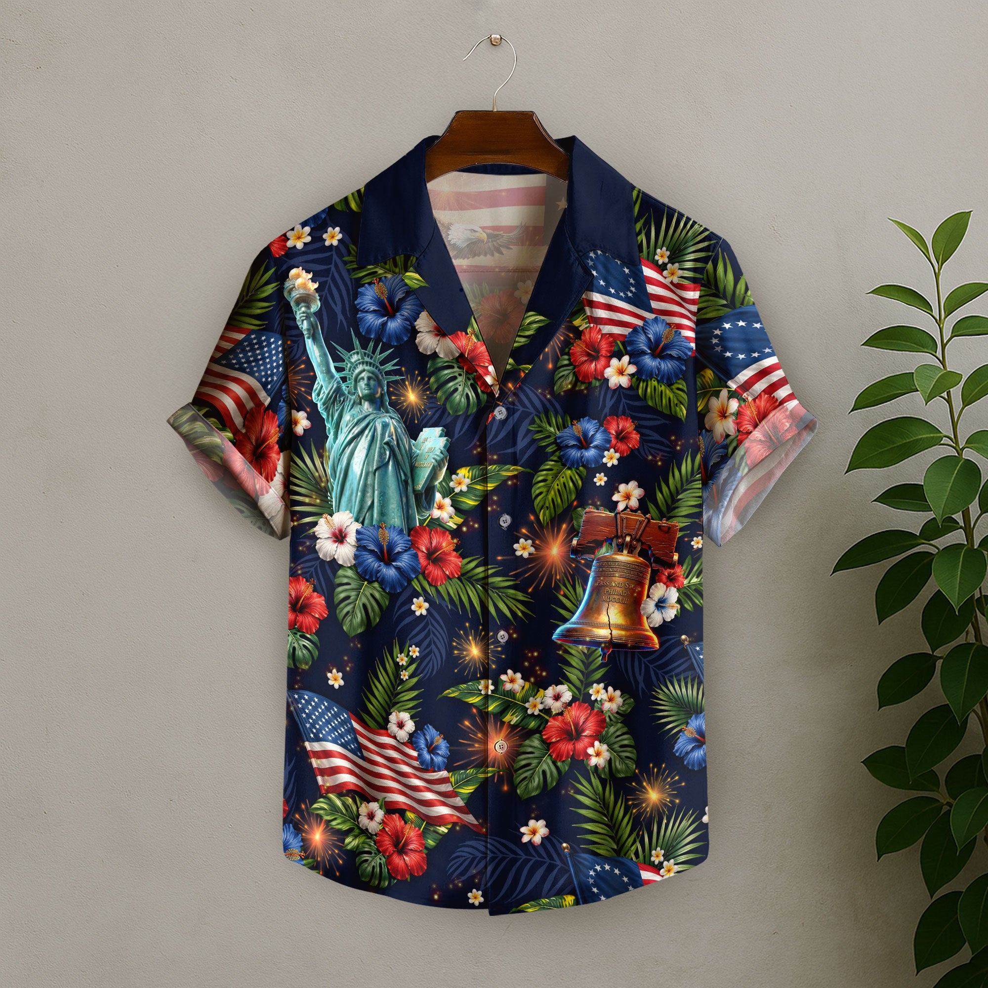 Hawaiian Shirt Patriotic US Flag Hibiscus Floral Eagle Liberty Bell Independence Day