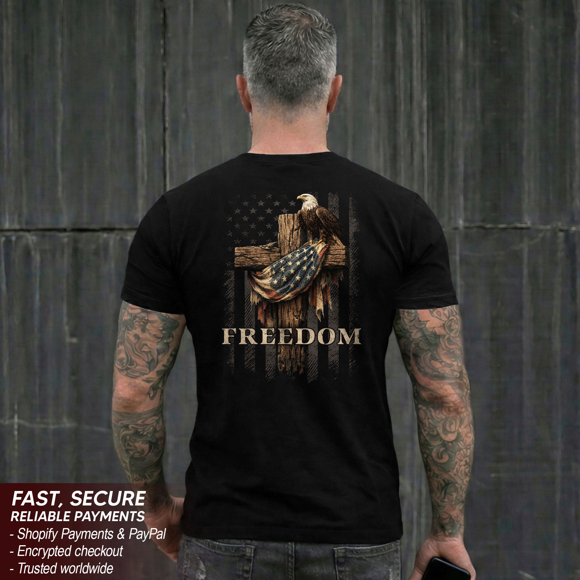 Vintage Freedom 2D Eagle Cross T-Shirt - Retro US Flag Graphic Tee & Patriotic Wooden Cross