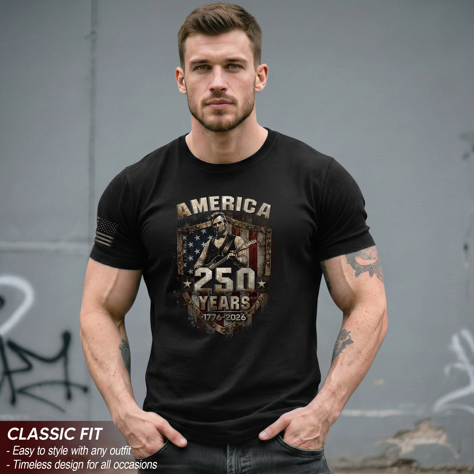 Rustic Shield Lincoln Guitar Shirt Vintage 1776 2026 US Flag Patriotic Grunge Men Tee