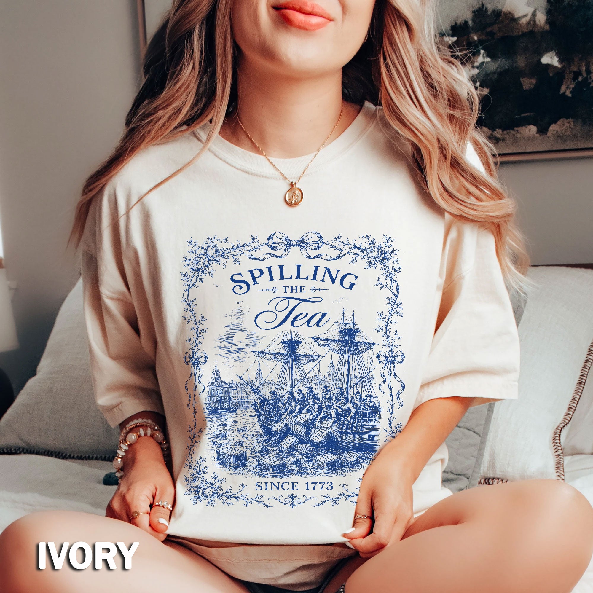 Spilling The Tea Since 1773 Shirt Vintage Blue Floral Tee Classic Boston Tea Party Top