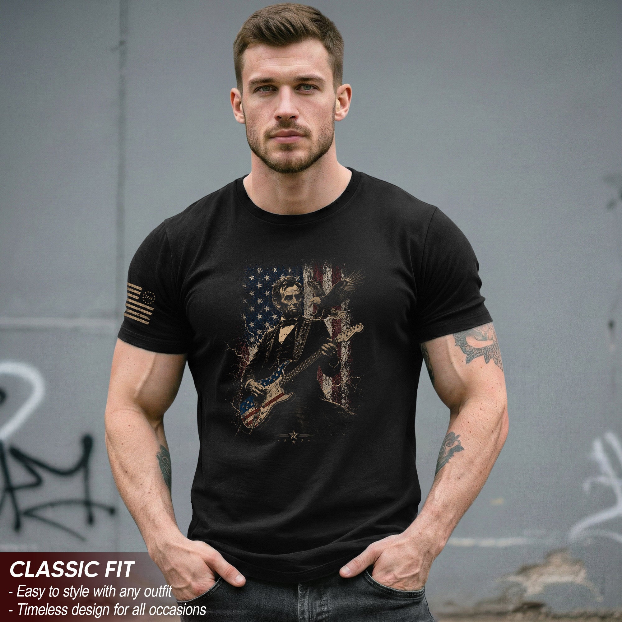 Abraham Lincoln Playing Guitar Shirt Patriotic Eagle US Flag Graphic Tee