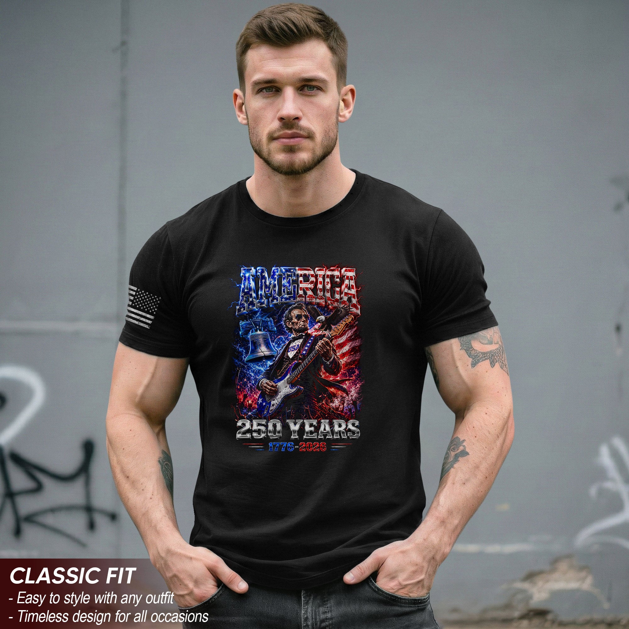Abraham Lincoln Rock Guitar Shirt Liberty Bell Patriotic 1776 2026 Tee