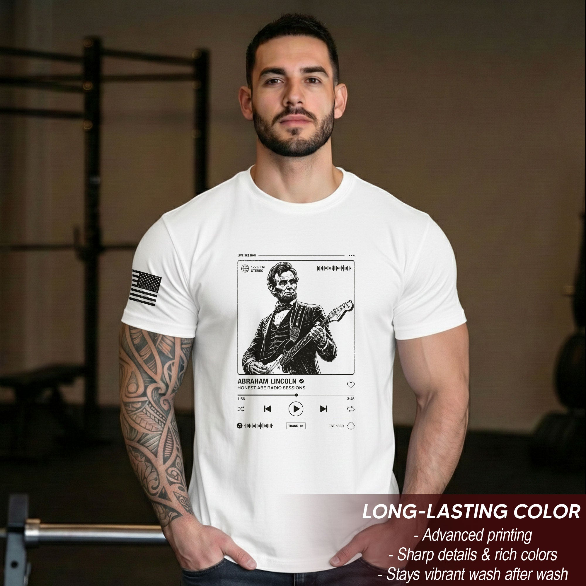 Abraham Lincoln Guitar Shirt Music Player Graphic Tee Patriotic Sketch Shirt