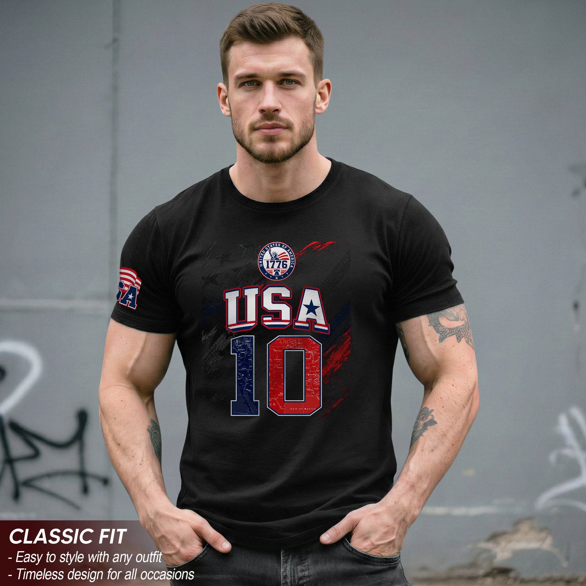 USA 1776 Sport Graphic Tee Patriotic Number 10 Map Design Casual Short Sleeve Shirt