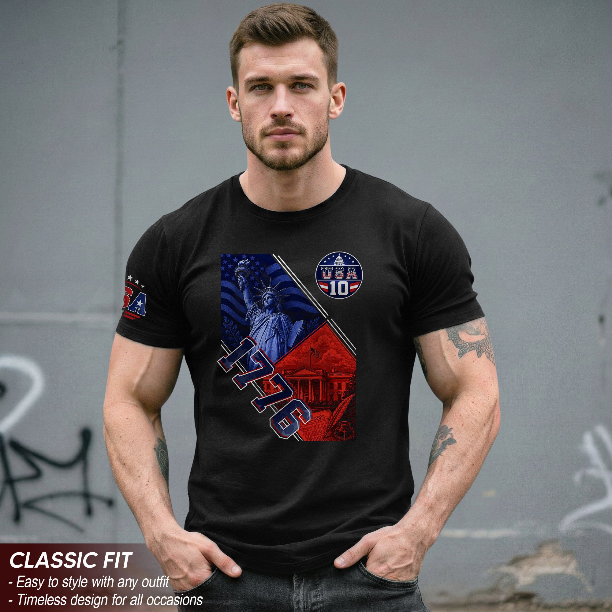 USA 1776 Sport Graphic Tee Patriotic Number 10 Statue Of Liberty Heritage Style Shirt