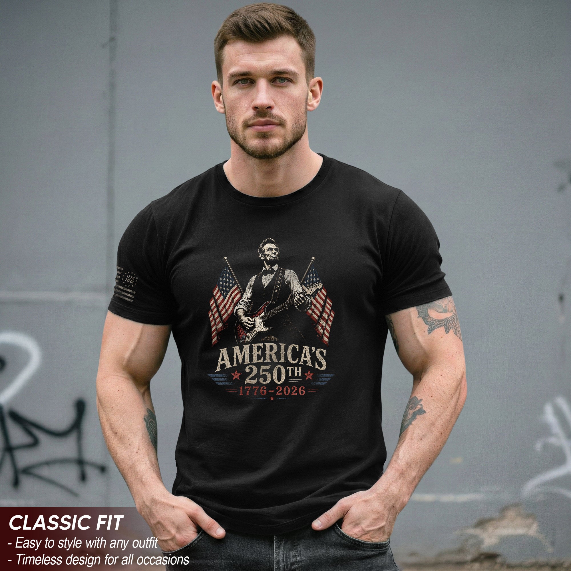 Mens T Shirt Patriotic Abraham Lincoln Guitar 1776-2026 250th Anniversary Rock Tee