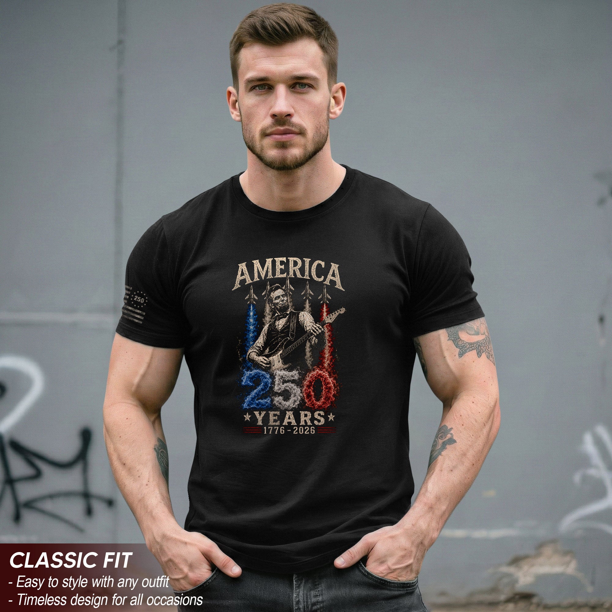 Mens T Shirt Patriotic Abraham Lincoln Guitar 1776-2026 250 Years Fighter Jet Rock Tee
