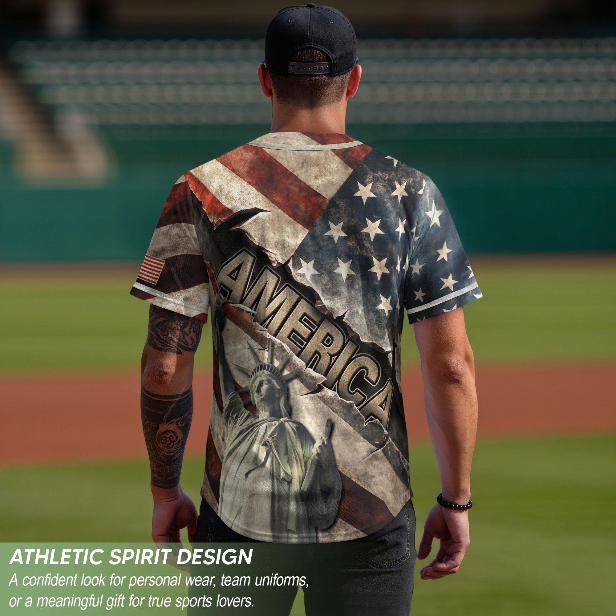 America Baseball Jersey 250 Years 1776-2026 Ripped Flag Patriotic Statue Of Liberty - Rust Field Wear