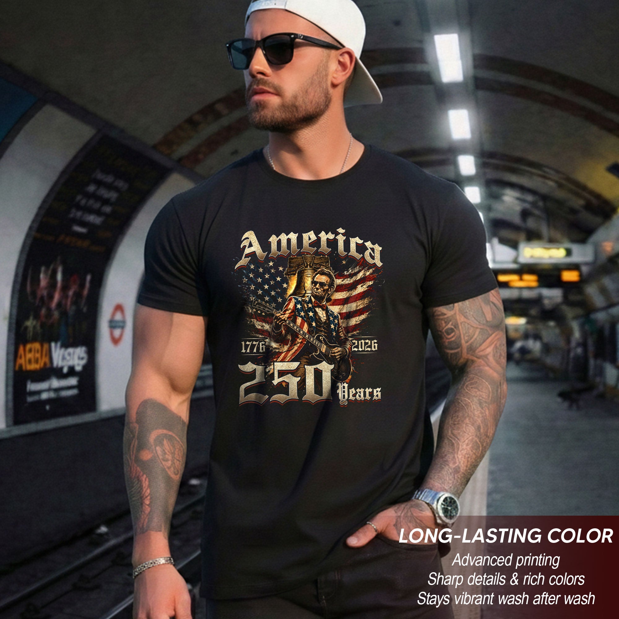 Lincoln Rock Guitar Patriotic T-Shirt - Vintage 1776 2026 Liberty Bell Graphic Tee