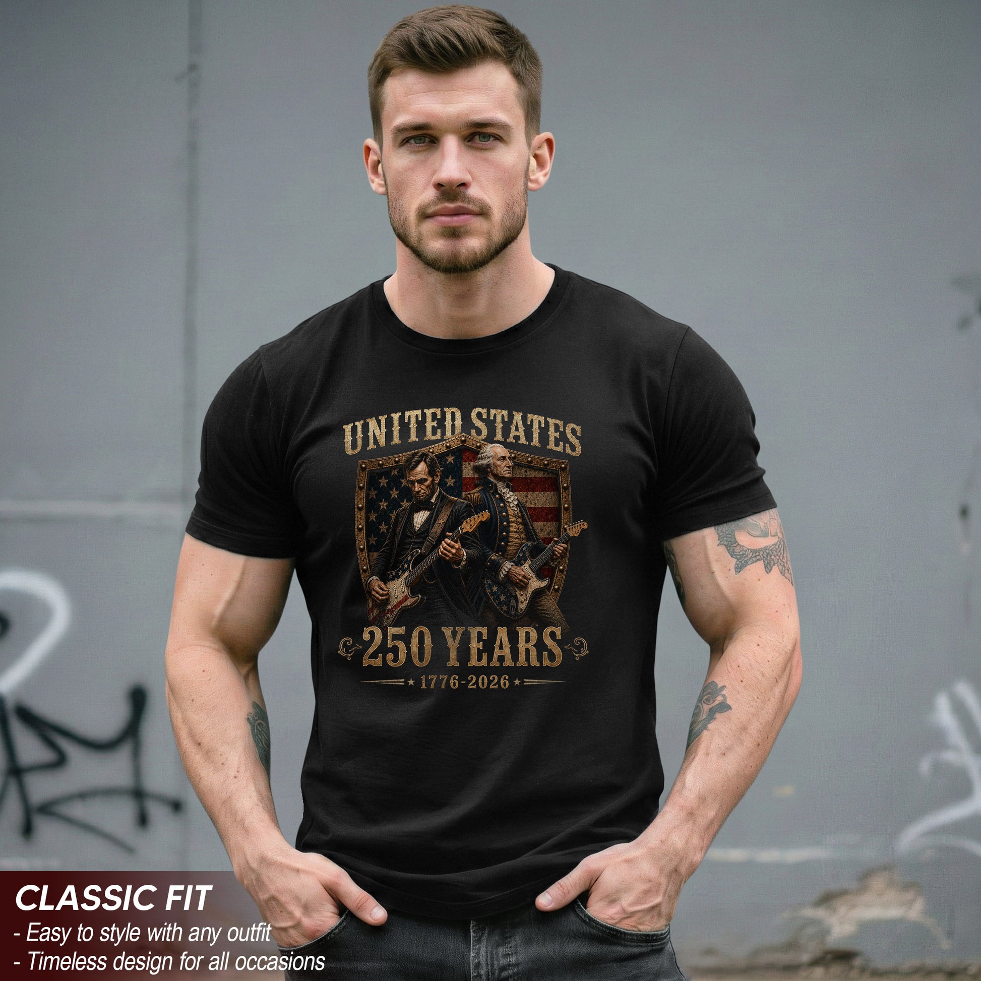 George Washington Abraham Lincoln Guitar T-Shirt 1776-2026 Patriotic 4th Of July Tee - Rust Field Wear