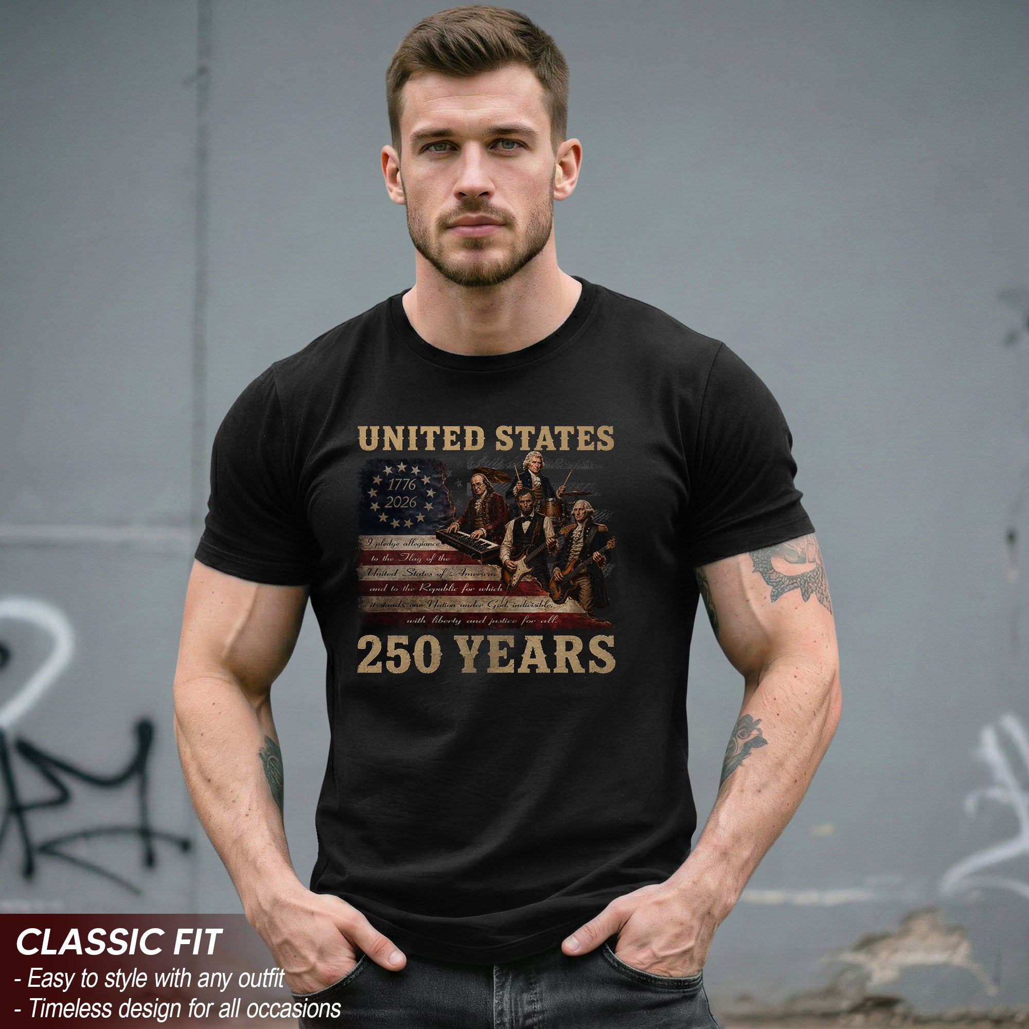 Founding Fathers Presidents Rock Band T-Shirt 250 Years Vintage 1776-2026 Apparel - Rust Field Wear