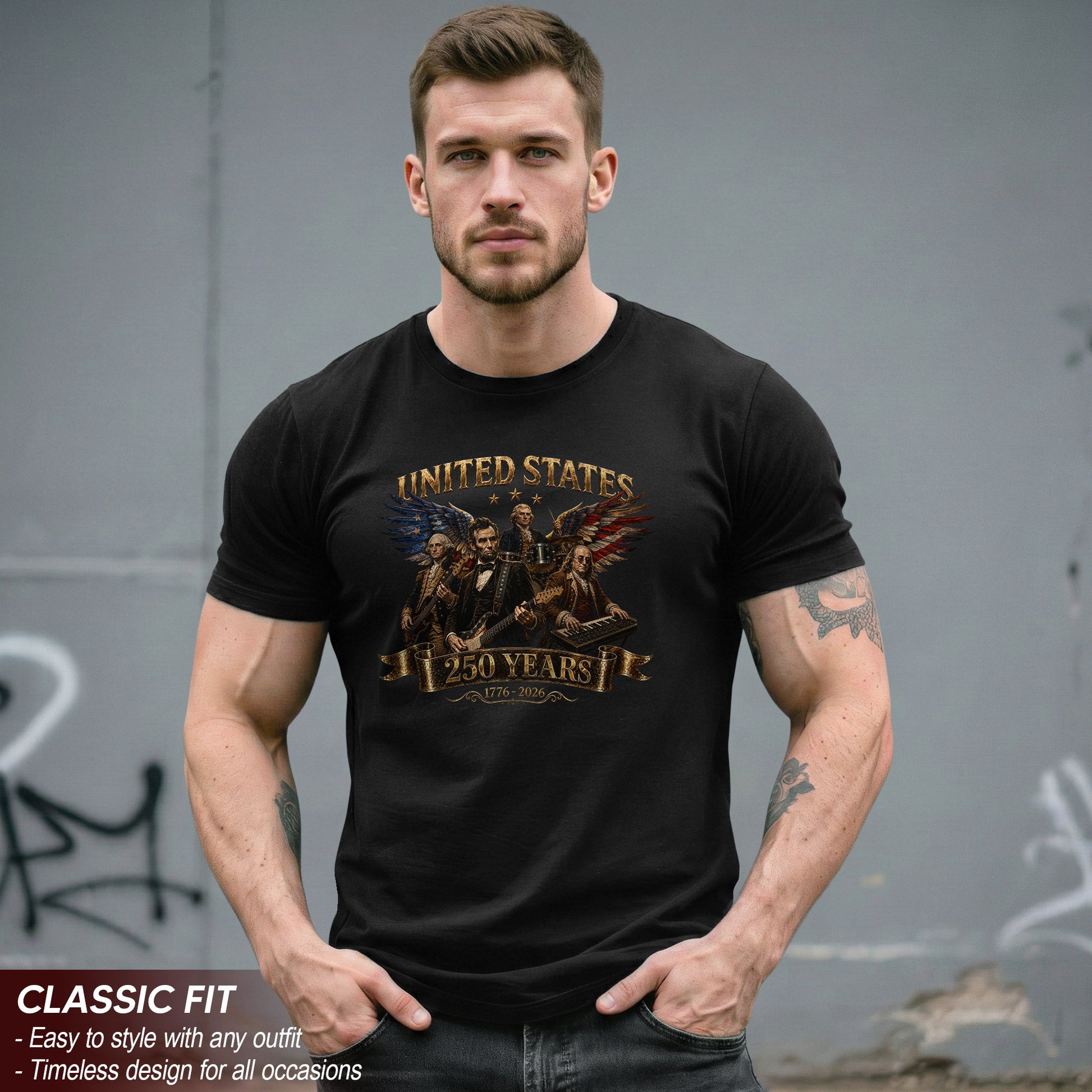 Patriotic Presidents Eagle Wings Rock Band T Shirt 250 Years 1776-2026 Vintage Tee - Rust Field Wear