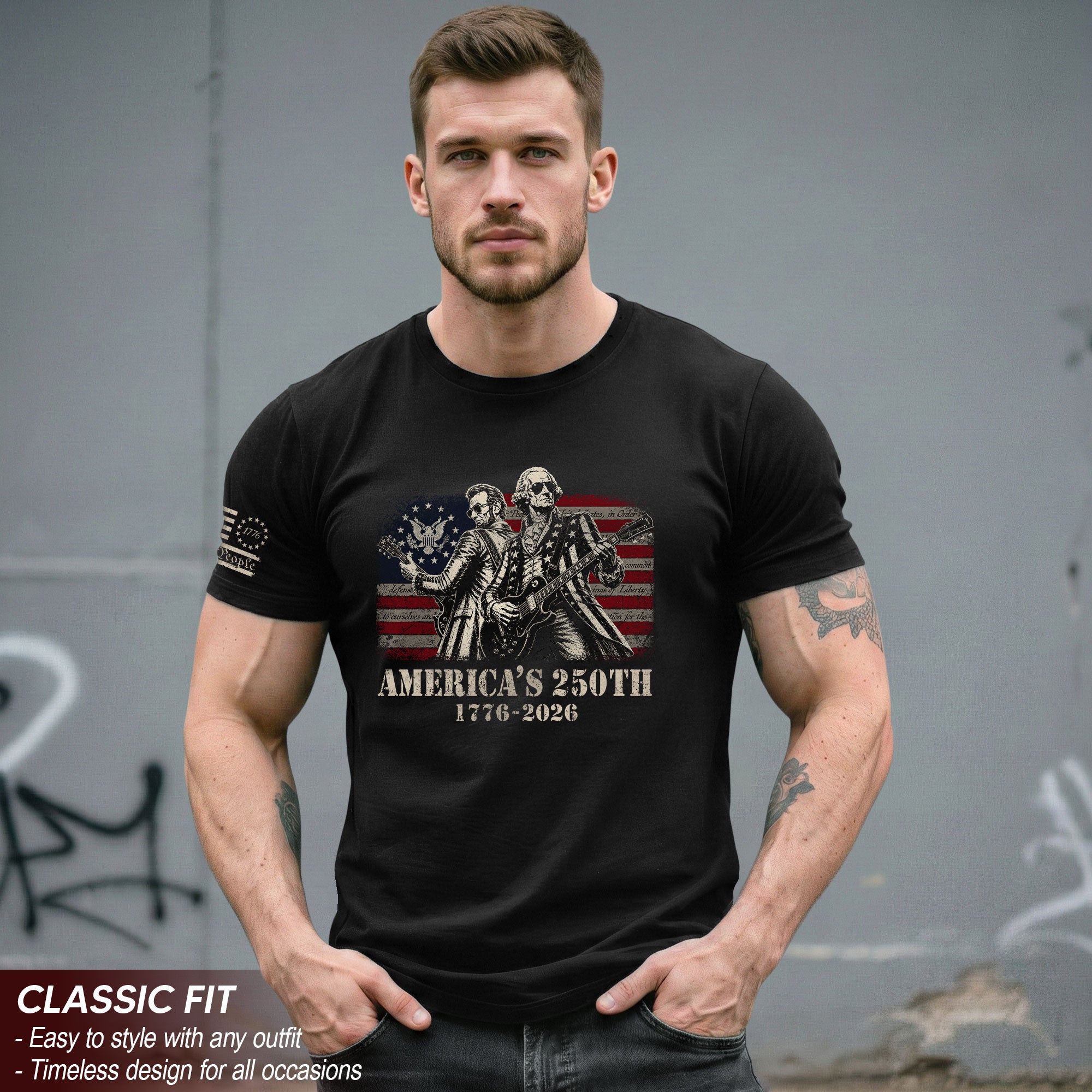Historical Figures Guitar Hero Shirt 1776-2026 Patriotic Graphic Tee Anniversary Outfit