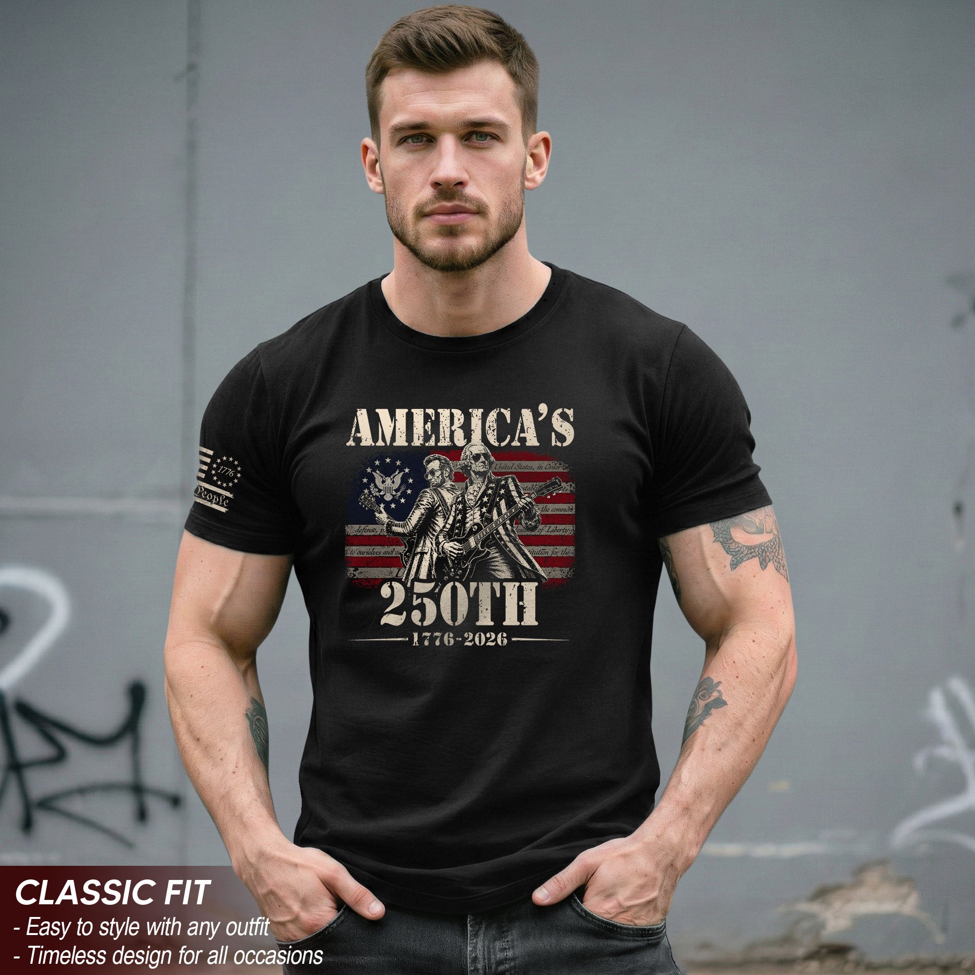 Historical Figures Guitar Hero Shirt 1776-2026 Patriotic Graphic Tee Anniversary Outfit