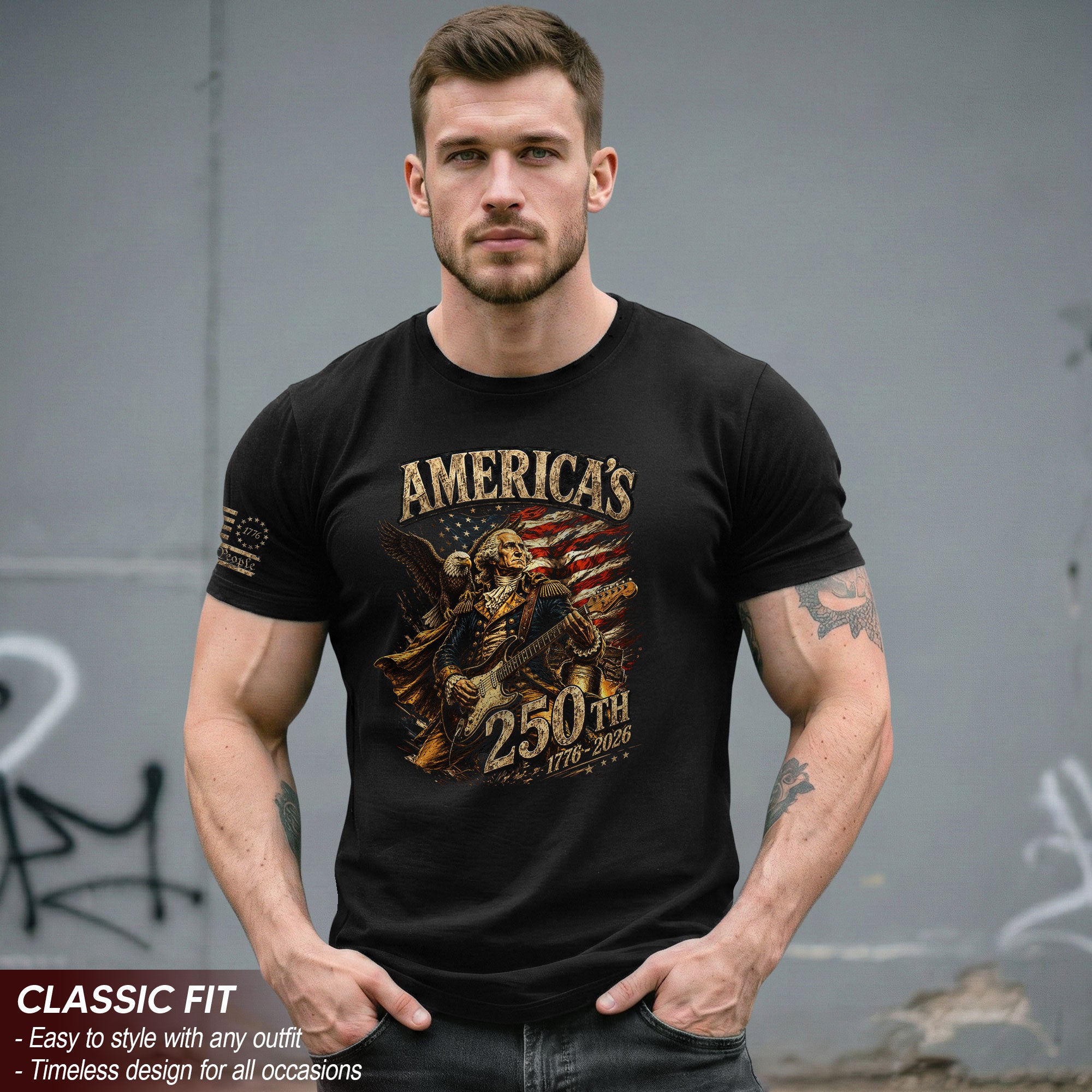 Eagle George Washington Guitar Shirt 1776-2026 Patriotic Graphic Tee Anniversary Gift