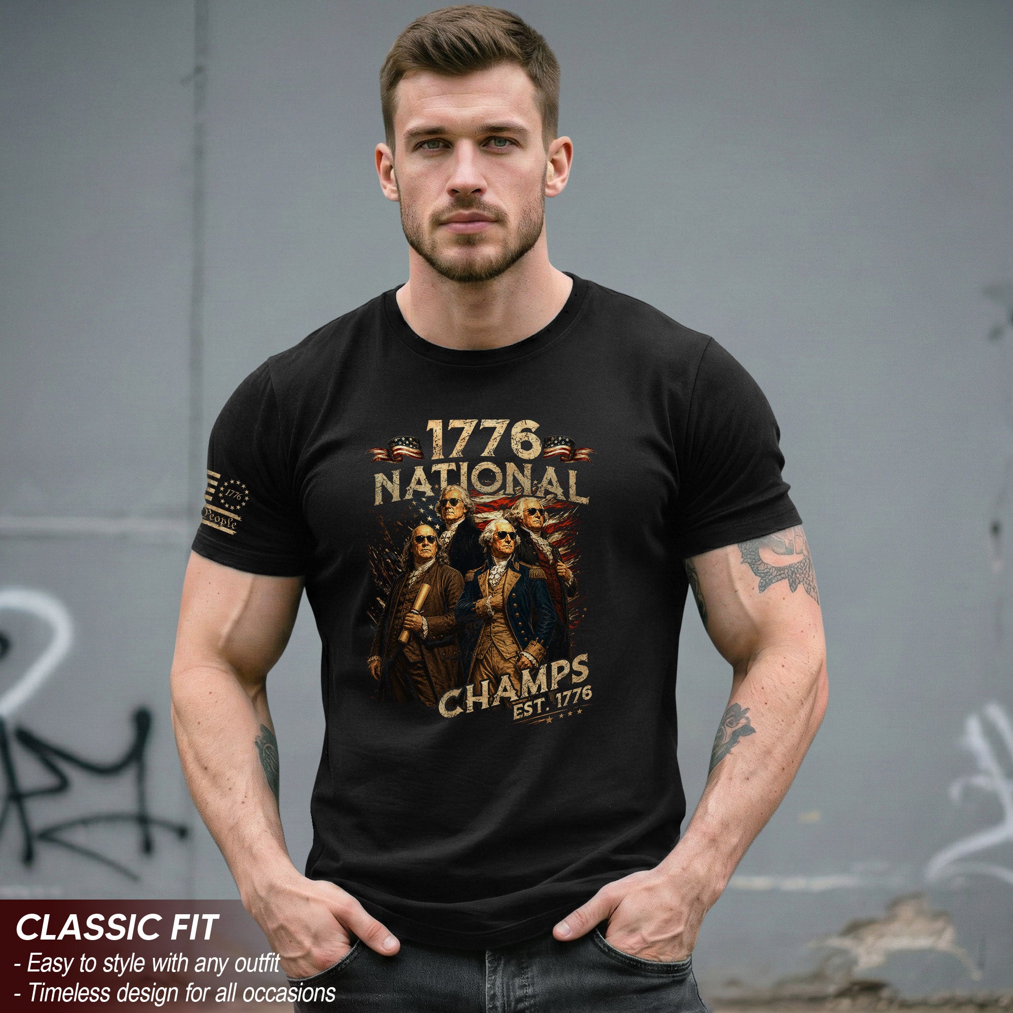 1776 National Champs T-Shirt Patriotic Founding Fathers 4th of July Vintage Graphic Tee