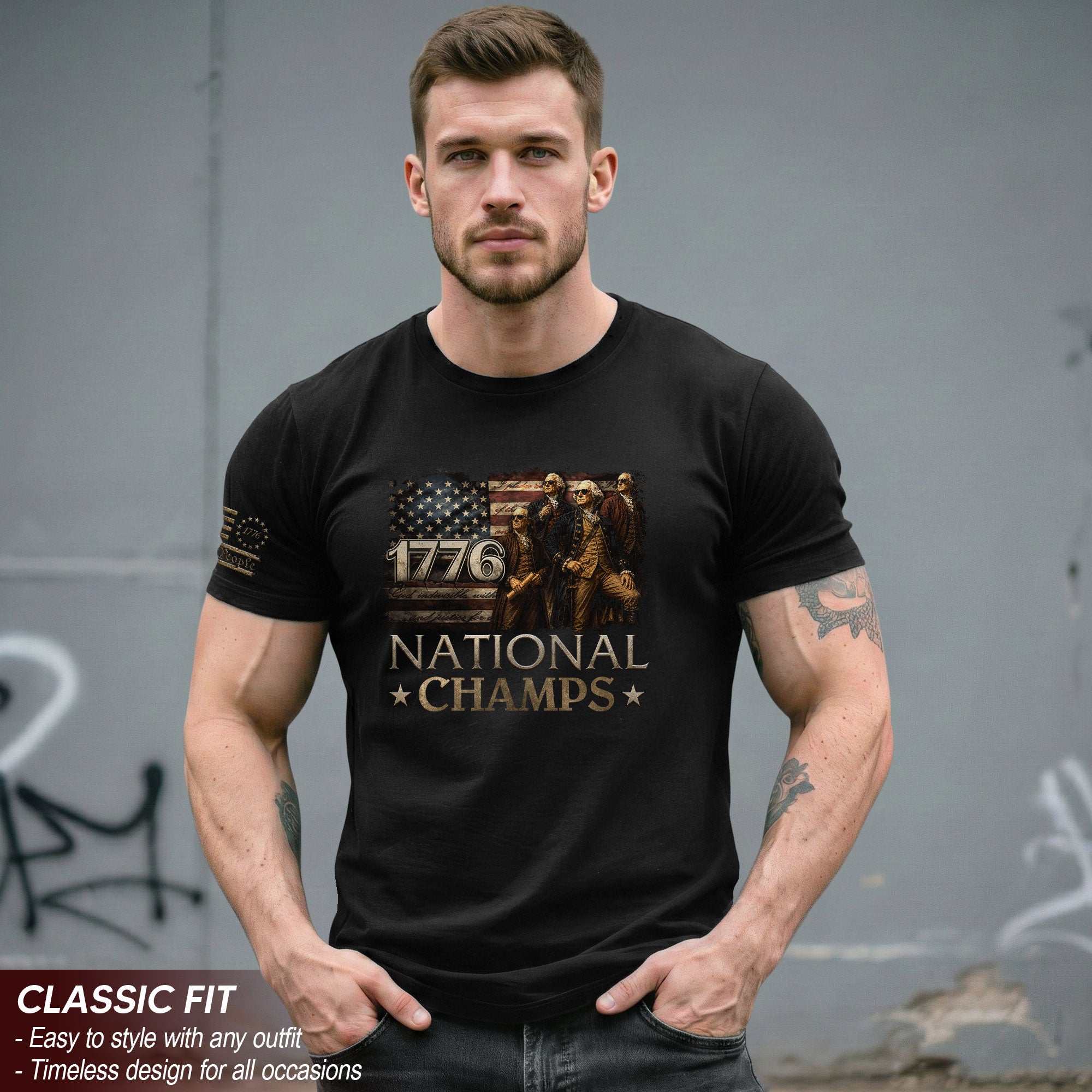 1776 National Champs T-Shirt Patriotic US Founding Fathers 4th of July Vintage Graphic Tee