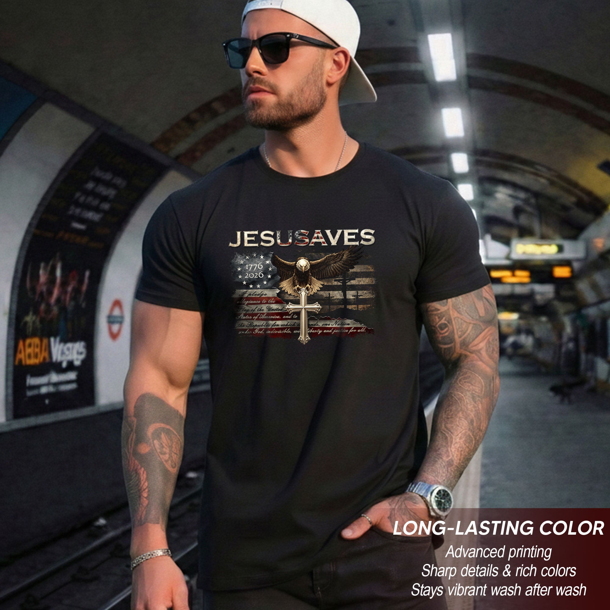 JESUSAVES Graphic T Shirt Patriotic American Eagle Cross Religious Faith Apparel