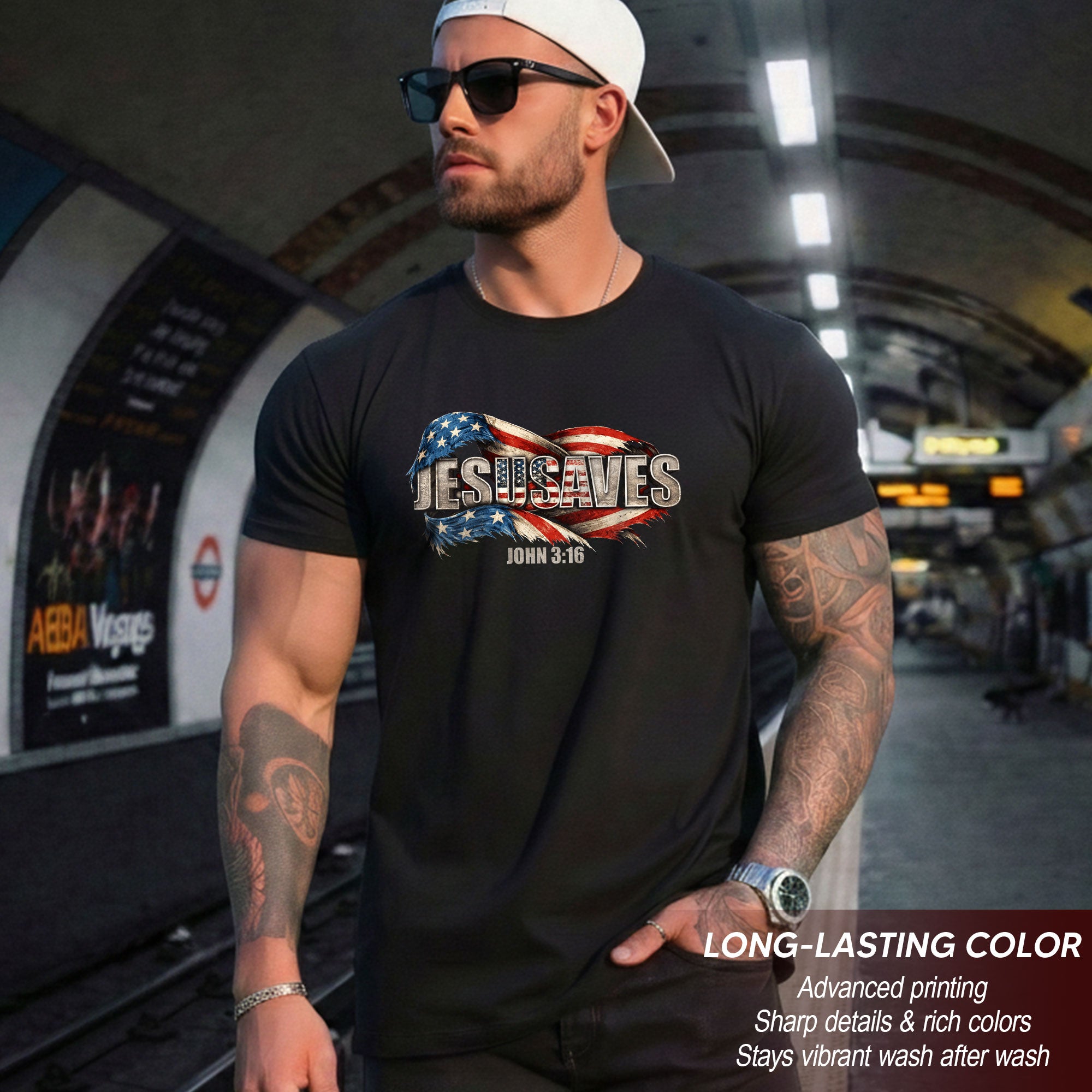 Distressed Flag JESUSAVES Graphic T Shirt John 3 16 Spiritual Patriotic Cotton Top