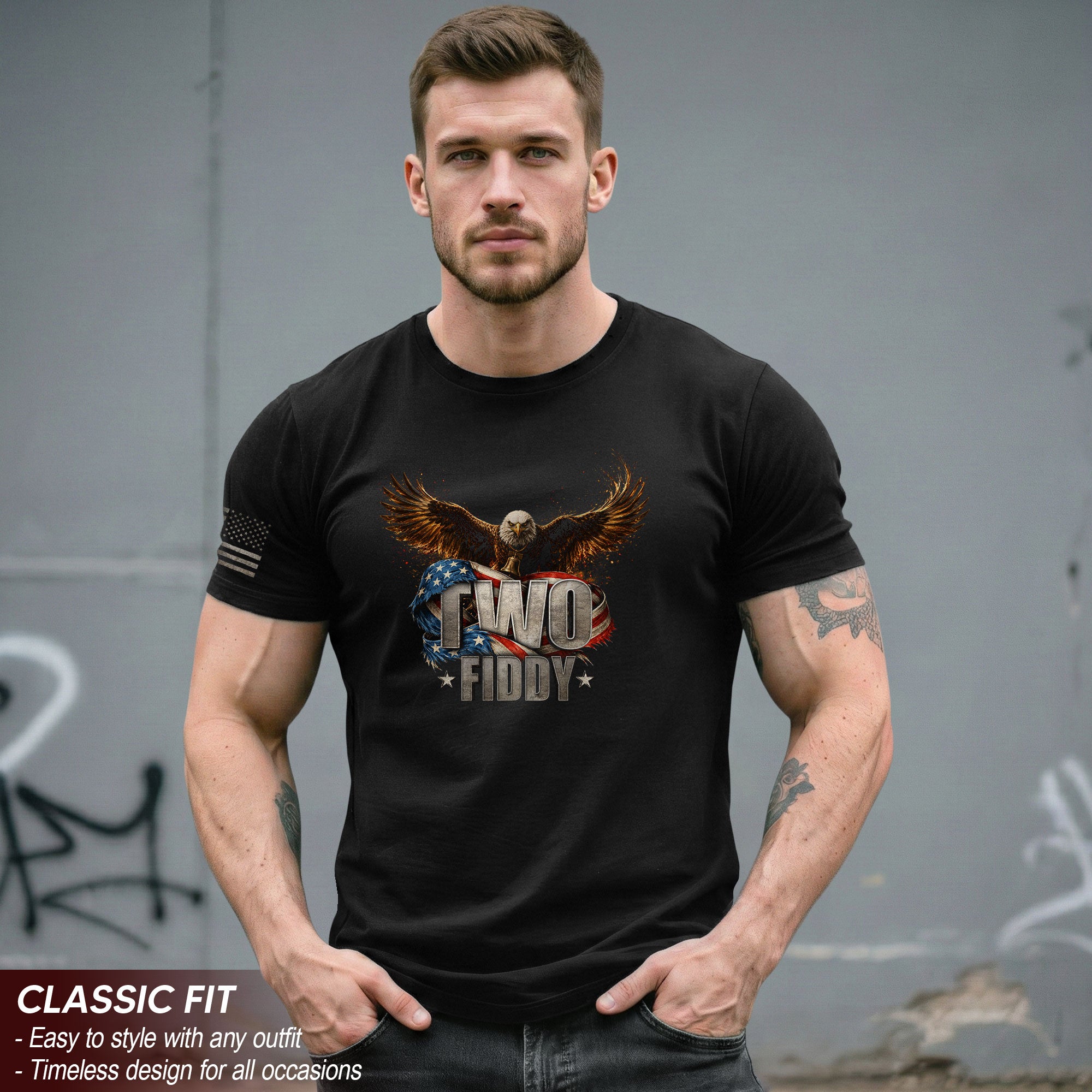 American Pride Graphic T-Shirt - Two Fiddy Eagle Flag Vintage Style Design Cotton Tee