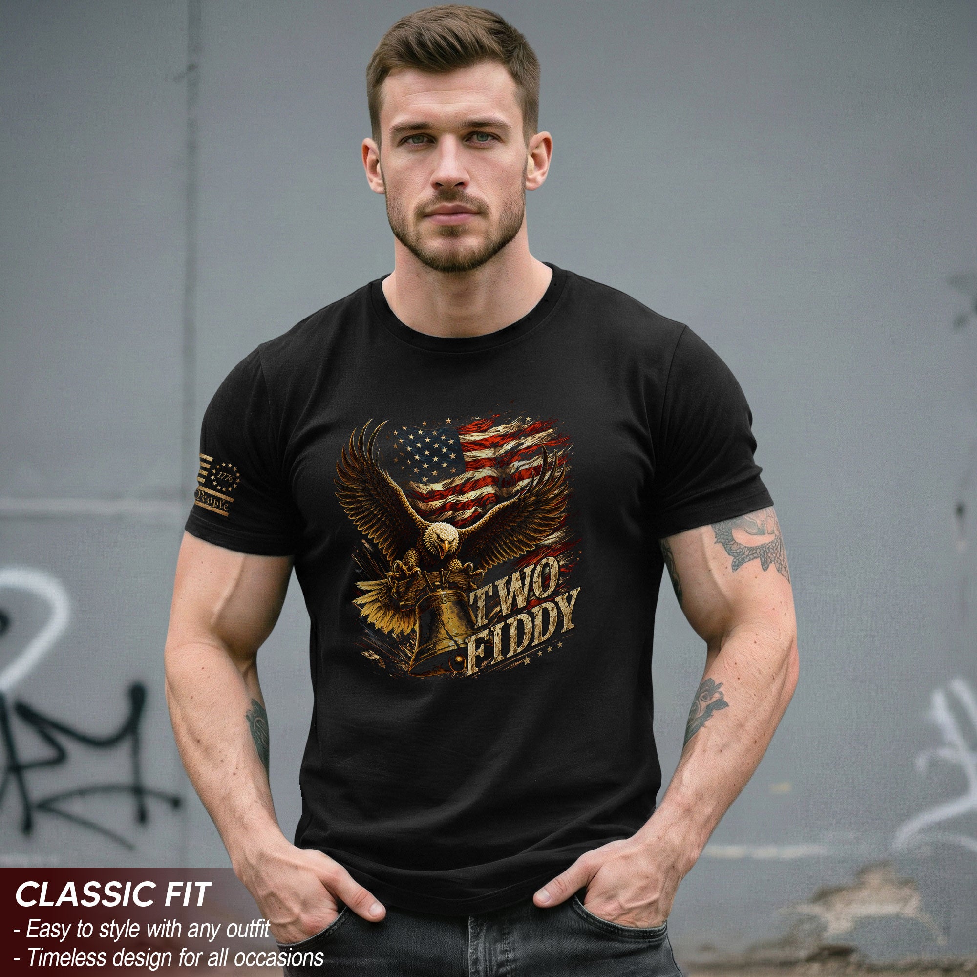 Iconic Patriotic Shirt - Two Fiddy Eagle Liberty Bell American Flag Graphic Design
