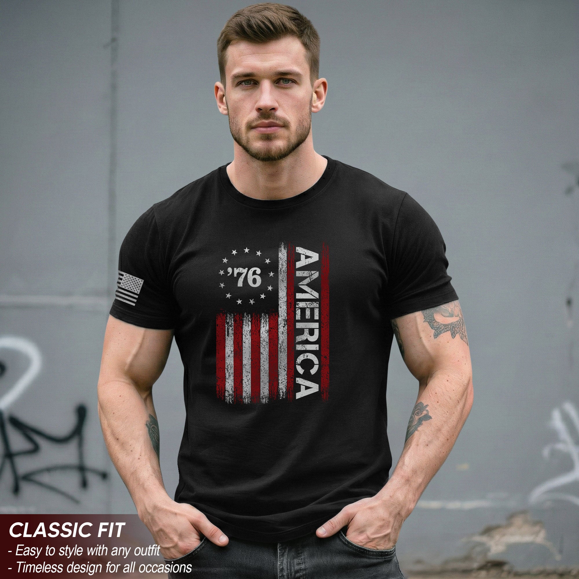 Classic Retro Style American Flag 76 Apparel Patriotic Graphic T-Shirt Holiday Wear