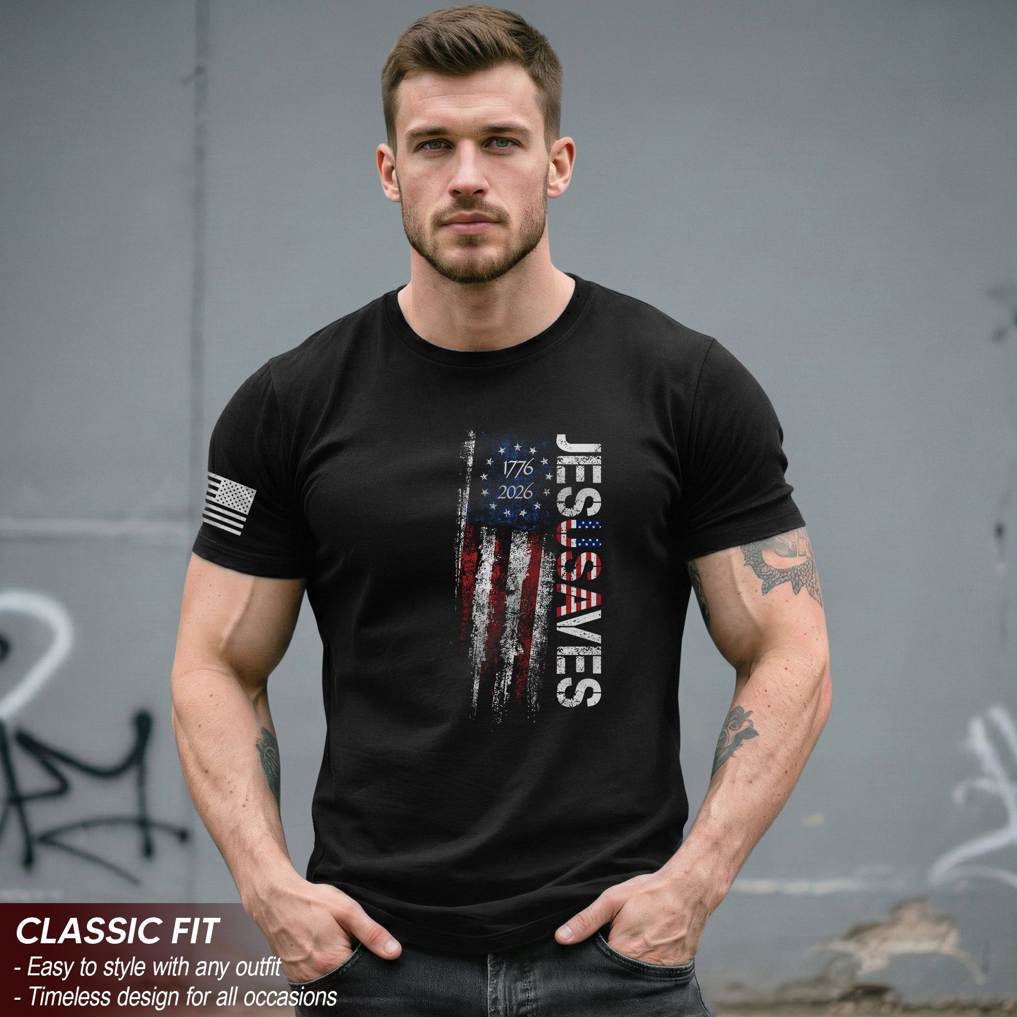 JESUSAVES T-Shirt USA Flag Patriotic 1776 2026 Betsy Ross Men Cotton Tee Shirt