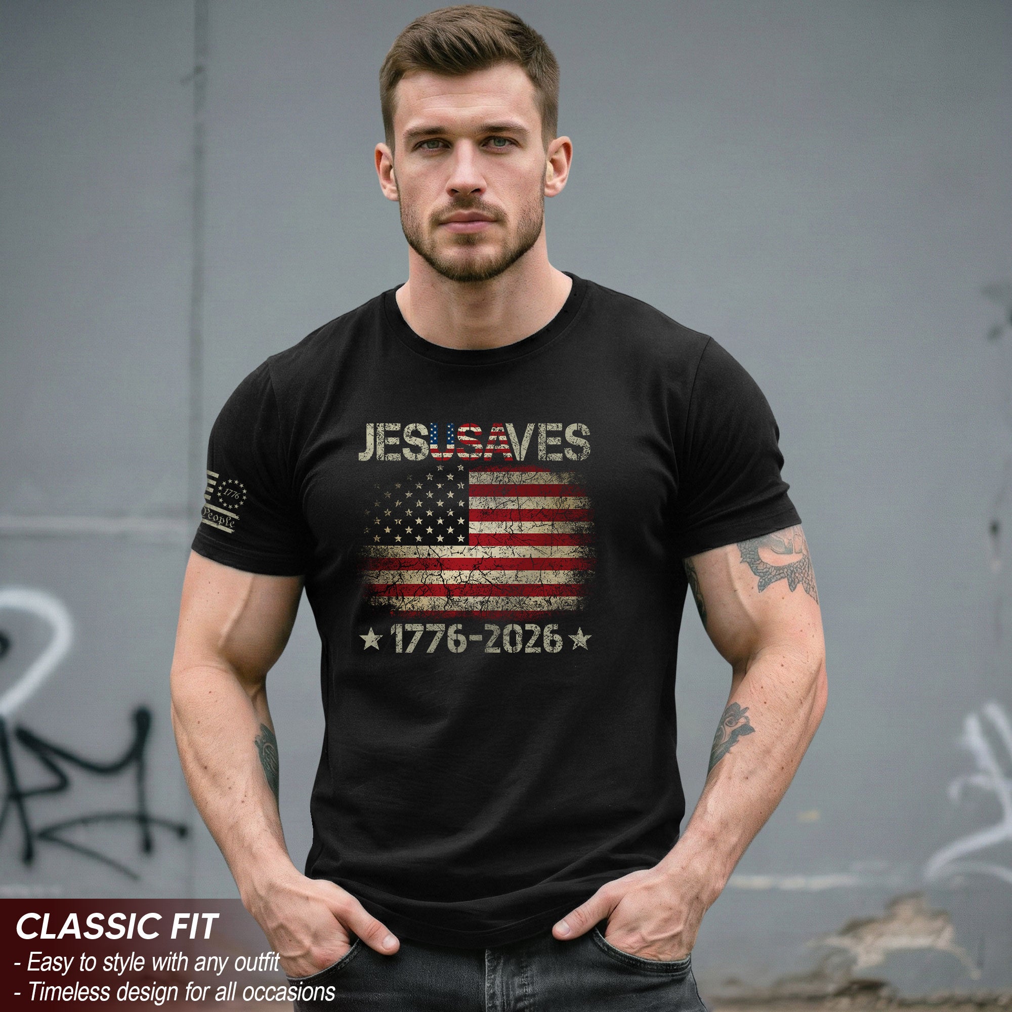Vintage JESUSAVES USA Flag Shirt 1776 2026 We The People Men Patriotic Cotton Tee