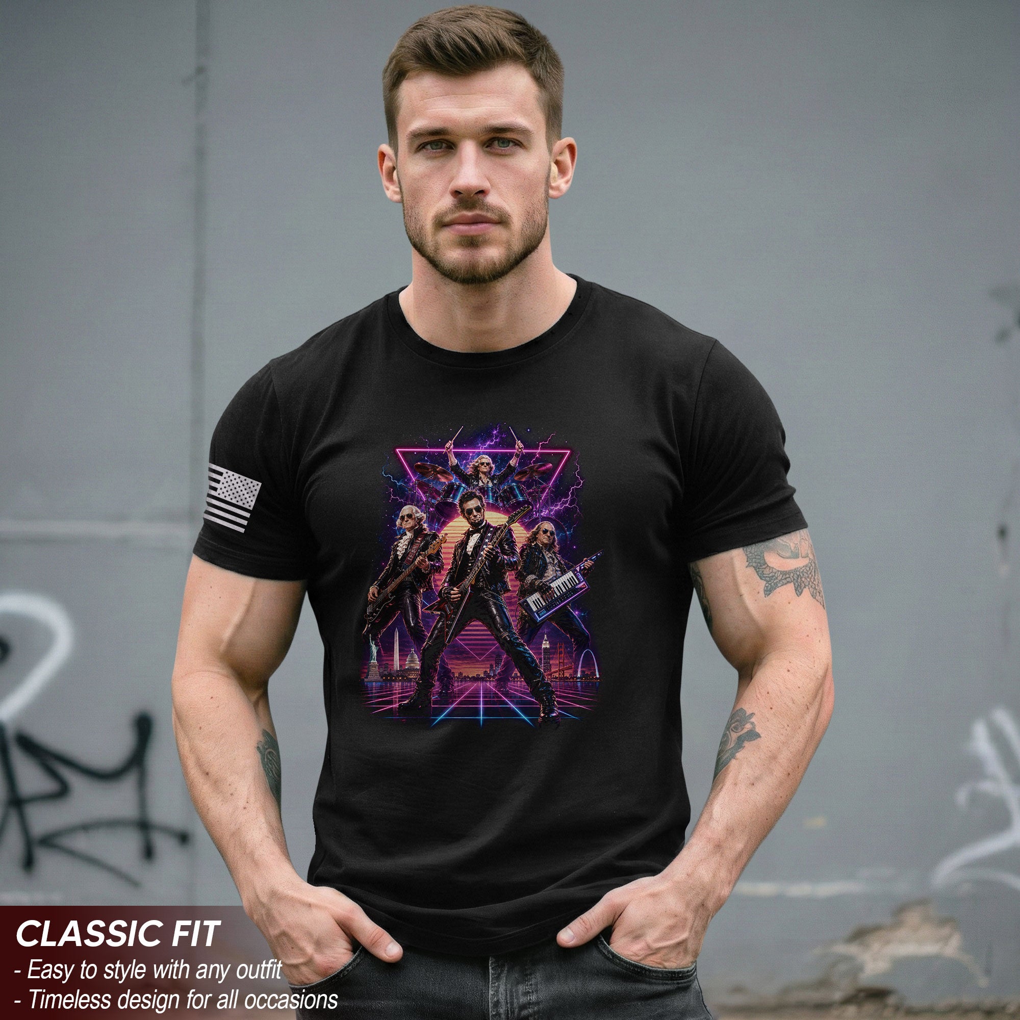 Retro Lincoln Guitar Player T-Shirt Neon Synthwave Rock Band Graphic Tee Gift