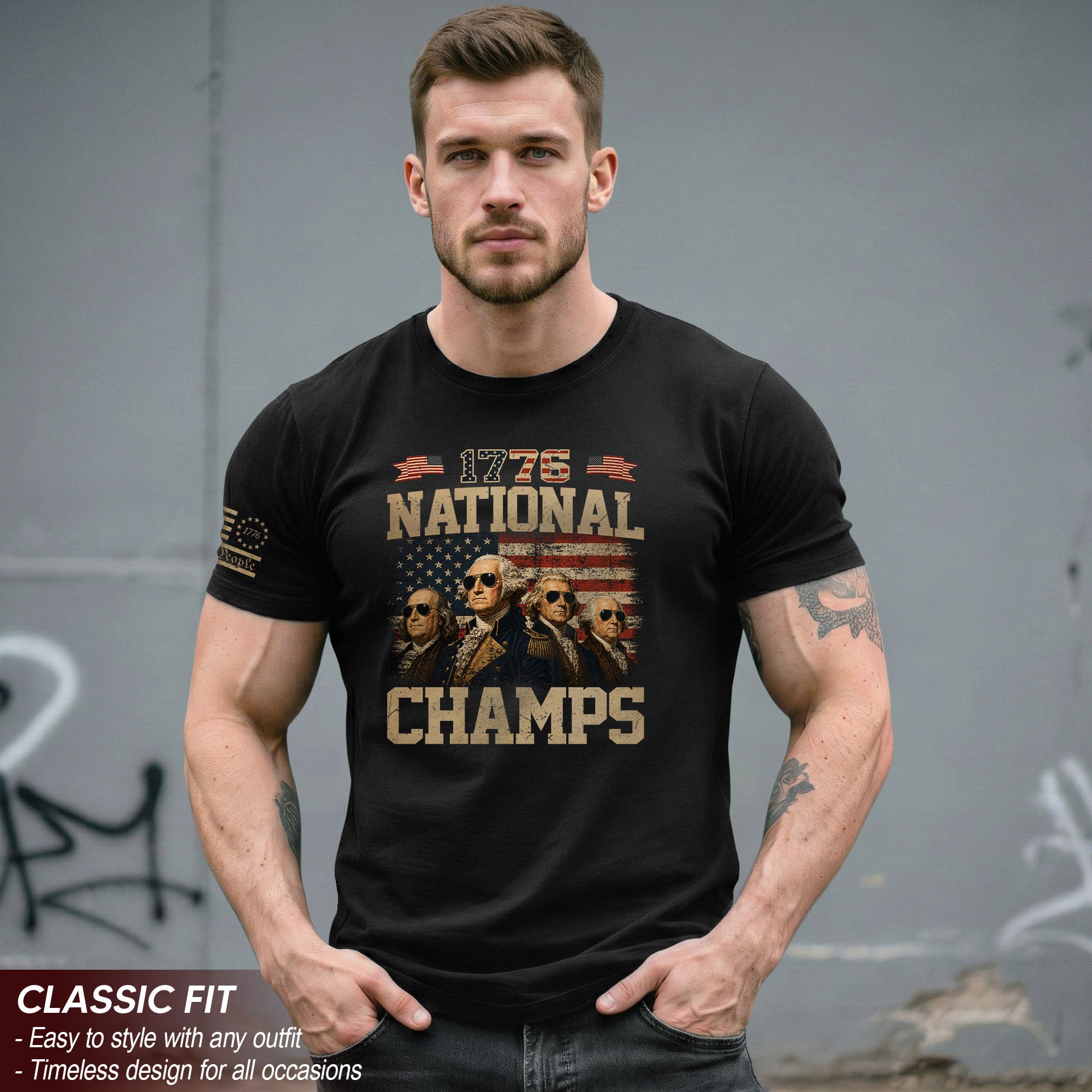 1776 National Champs Graphic T-Shirt Patriotic Founding Fathers Vintage Style Casual Tee